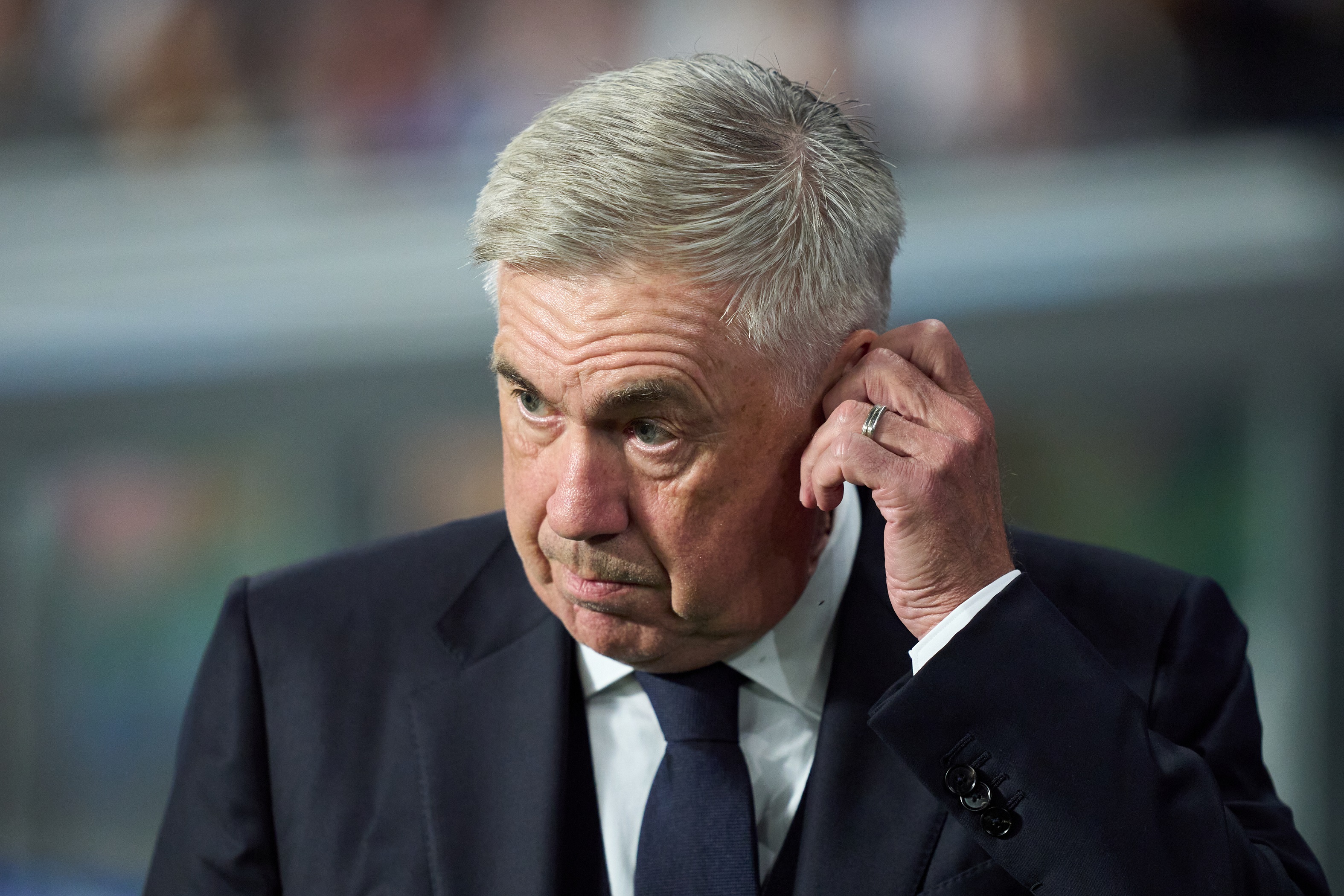 SAN SEBASTIAN, SPAIN - SEPTEMBER 14: Head coach Carlo Ancelotti of Real Madrid looks on prior to the LaLiga match between Real Sociedad and Real Madrid CF at Reale Arena on September 14, 2024 in San Sebastian, Spain.
