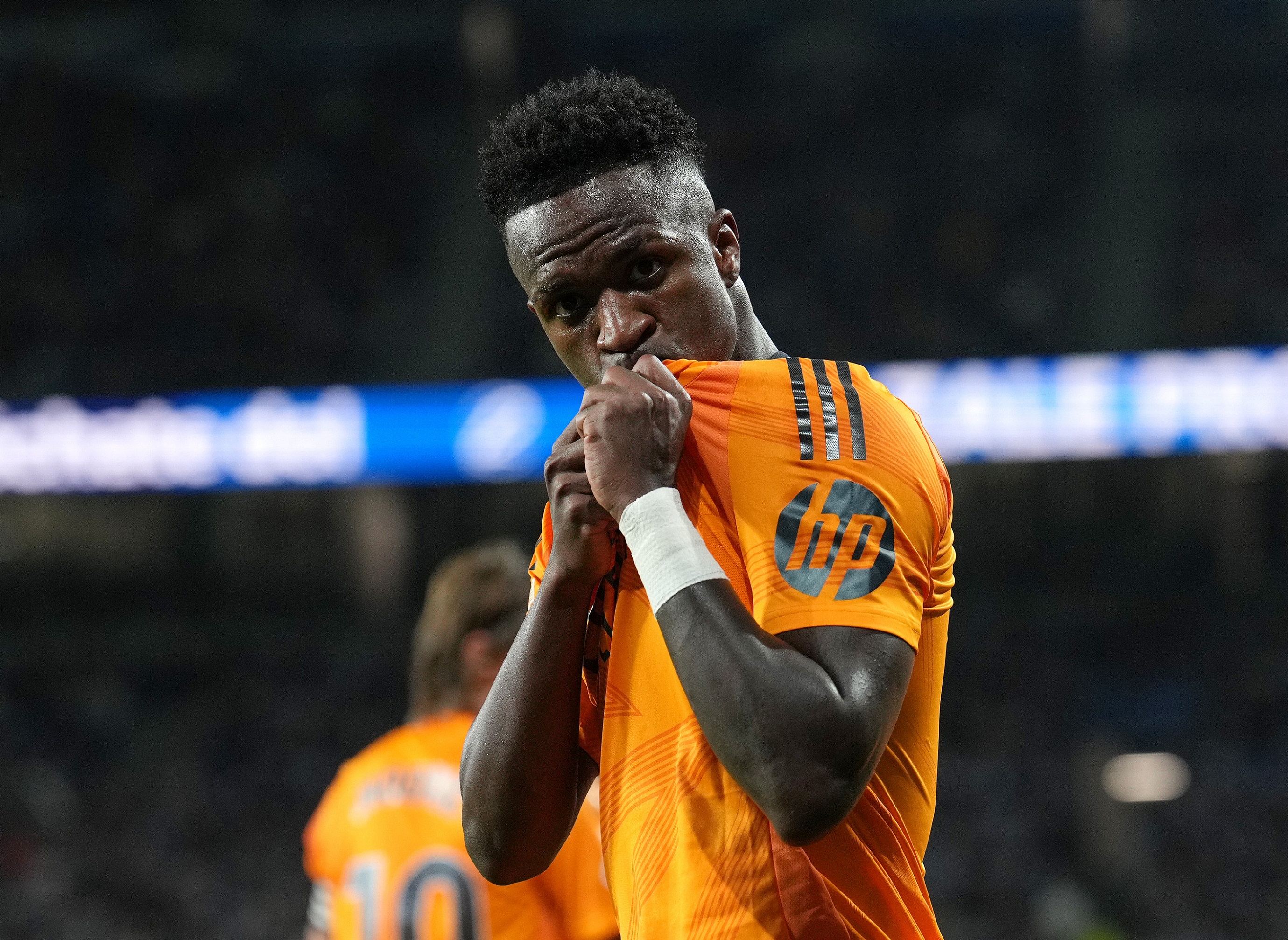 SAN SEBASTIAN, SPAIN - SEPTEMBER 14: Vinicius Junior of Real Madrid celebrates scoring his team's first goal during the LaLiga match between Real Sociedad and Real Madrid CF at Reale Arena on September 14, 2024 in San Sebastian, Spain.