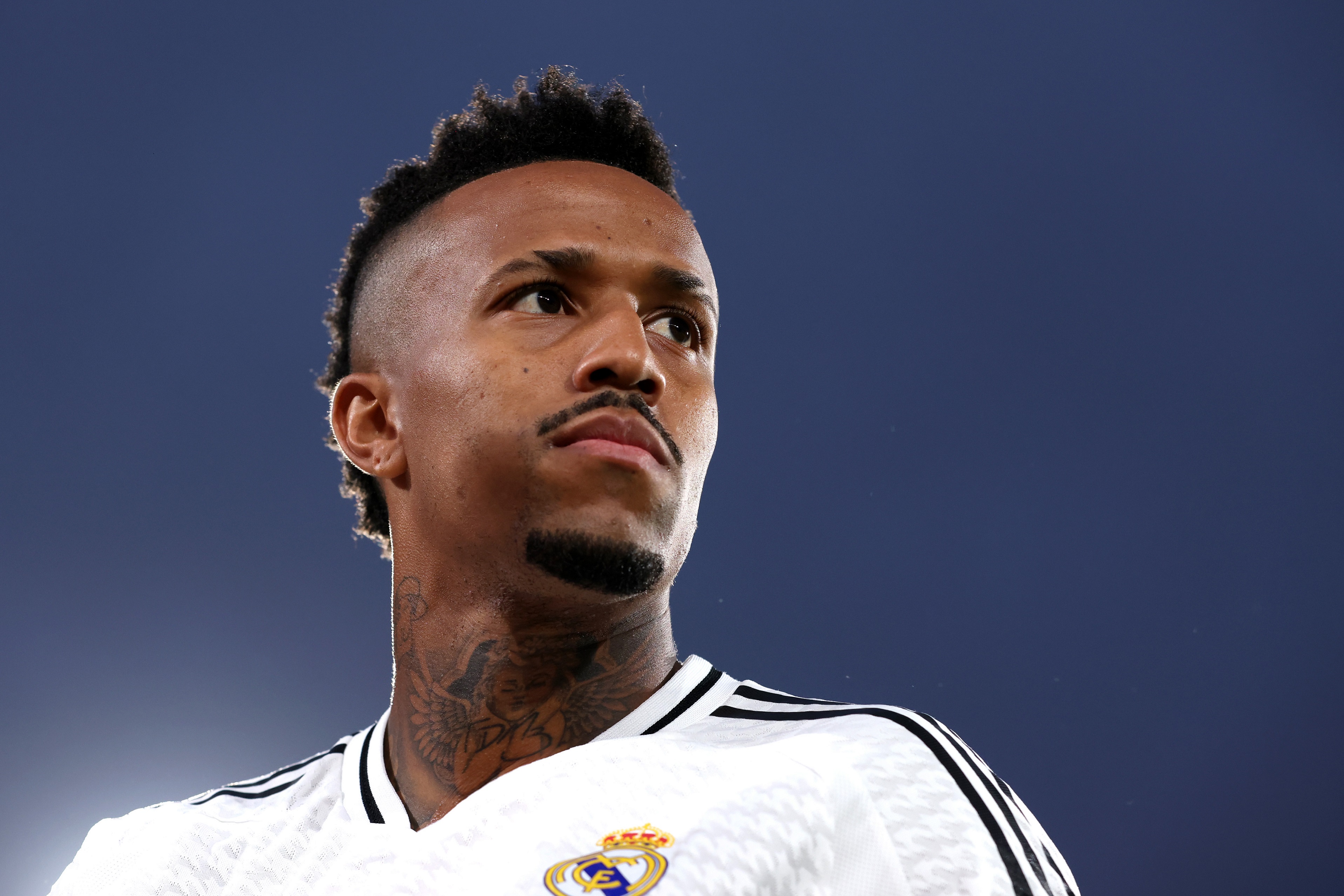 LAS PALMAS, SPAIN - AUGUST 29: Eder Militao of Real Madrid looks on during the La Liga match between UD Las Palmas and Real Madrid CF at Estadio Gran Canaria on August 29, 2024 in Las Palmas, Spain.