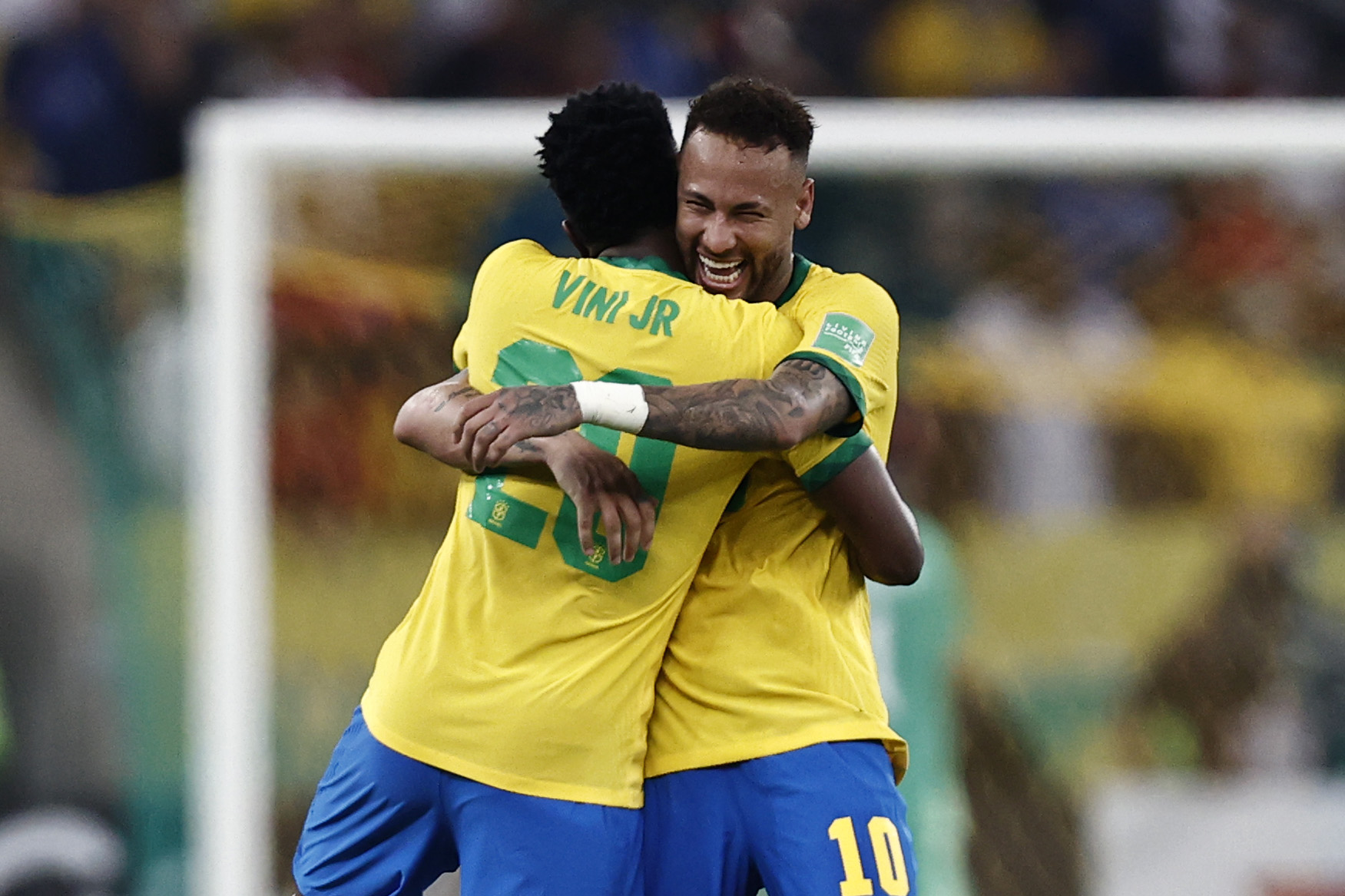 RIO DE JANEIRO, BRAZIL - MARCH 24: Neymar Jr. of Brazil celebrates after scoring the first goal of his team with teammate Vinícius Júnior of Brazil during a match between Brazil and Chile as part of FIFA World Cup Qatar 2022 Qualifier on March 24, 2022 in Rio de Janeiro, Brazil.