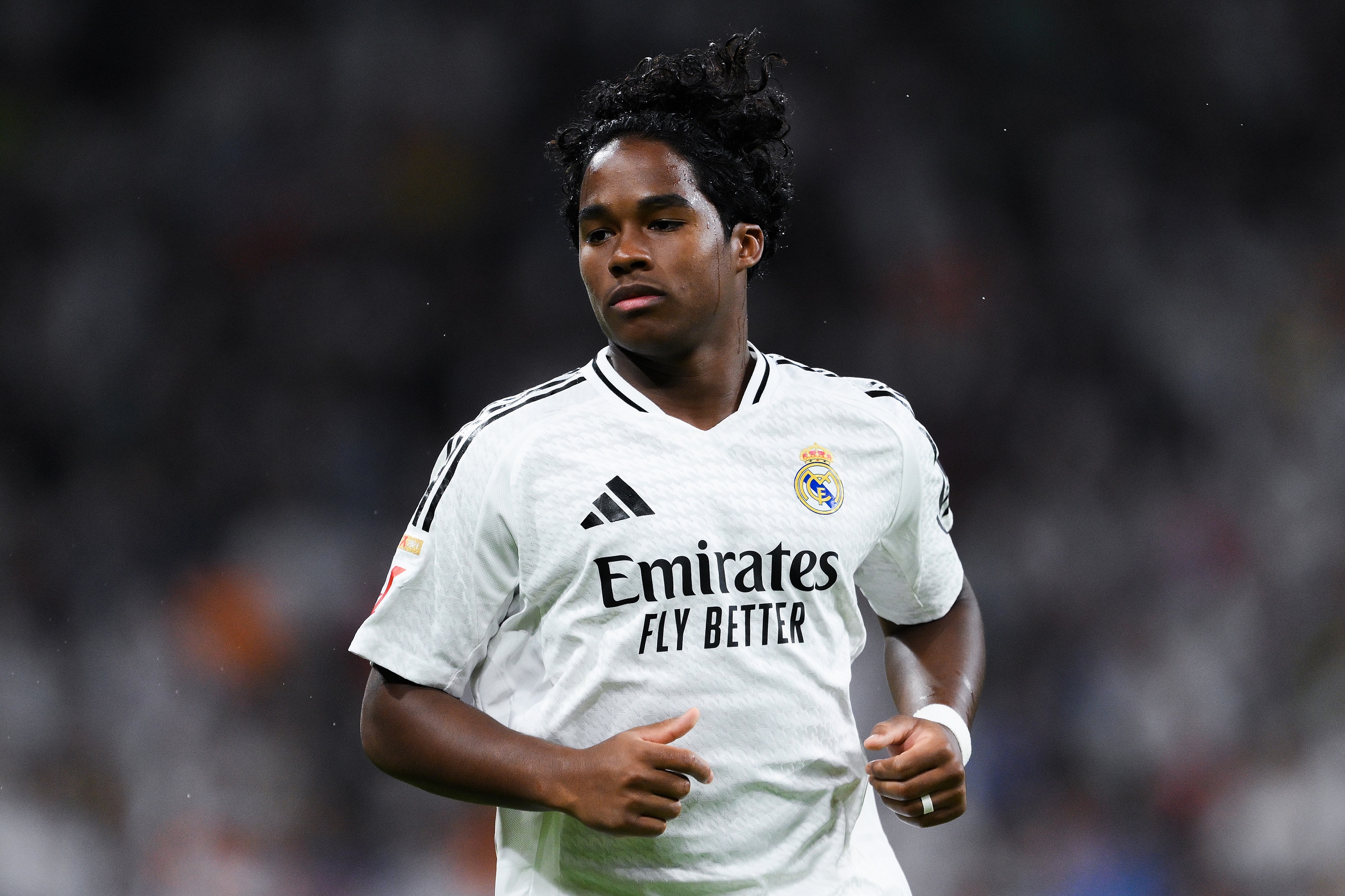 MADRID, SPAIN - SEPTEMBER 21: Endrick of Real Madrid looks on during the LaLiga match between Real Madrid CF and RCD Espanyol de Barcelona at Estadio Santiago Bernabeu on September 21, 2024 in Madrid, Spain.