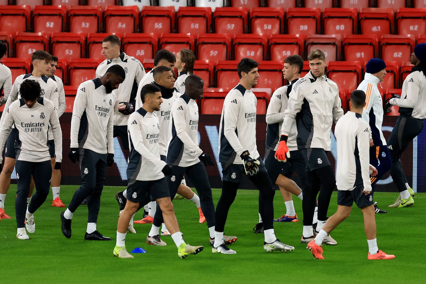 LIVERPOOL, ENGLAND - NOVEMBER 26: Players of Real Madrid warm up during the UEFA Champions League 2024/25 League Phase MD5 training and press conference at Anfield on November 26, 2024 in Liverpool, England.