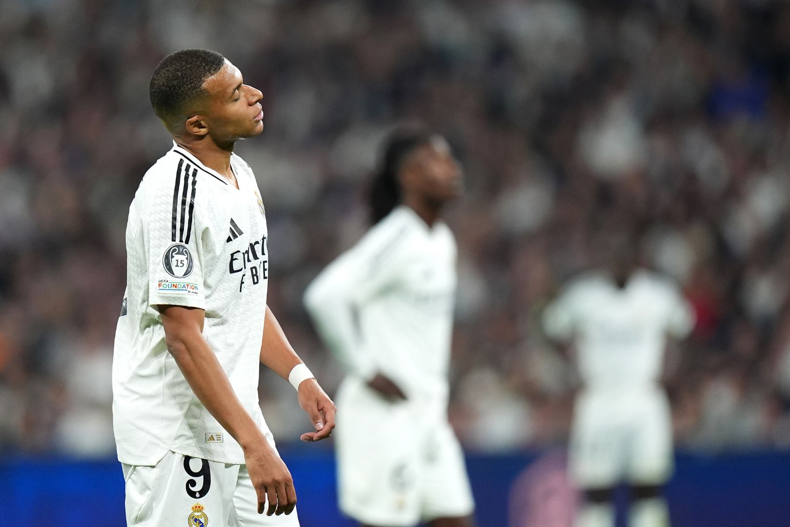 MADRID, SPAIN - NOVEMBER 05: Kylian Mbappe of Real Madrid reacts during the UEFA Champions League 2024/25 League Phase MD4 match between Real Madrid C.F. and AC Milan at Estadio Santiago Bernabeu on November 05, 2024 in Madrid, Spain.