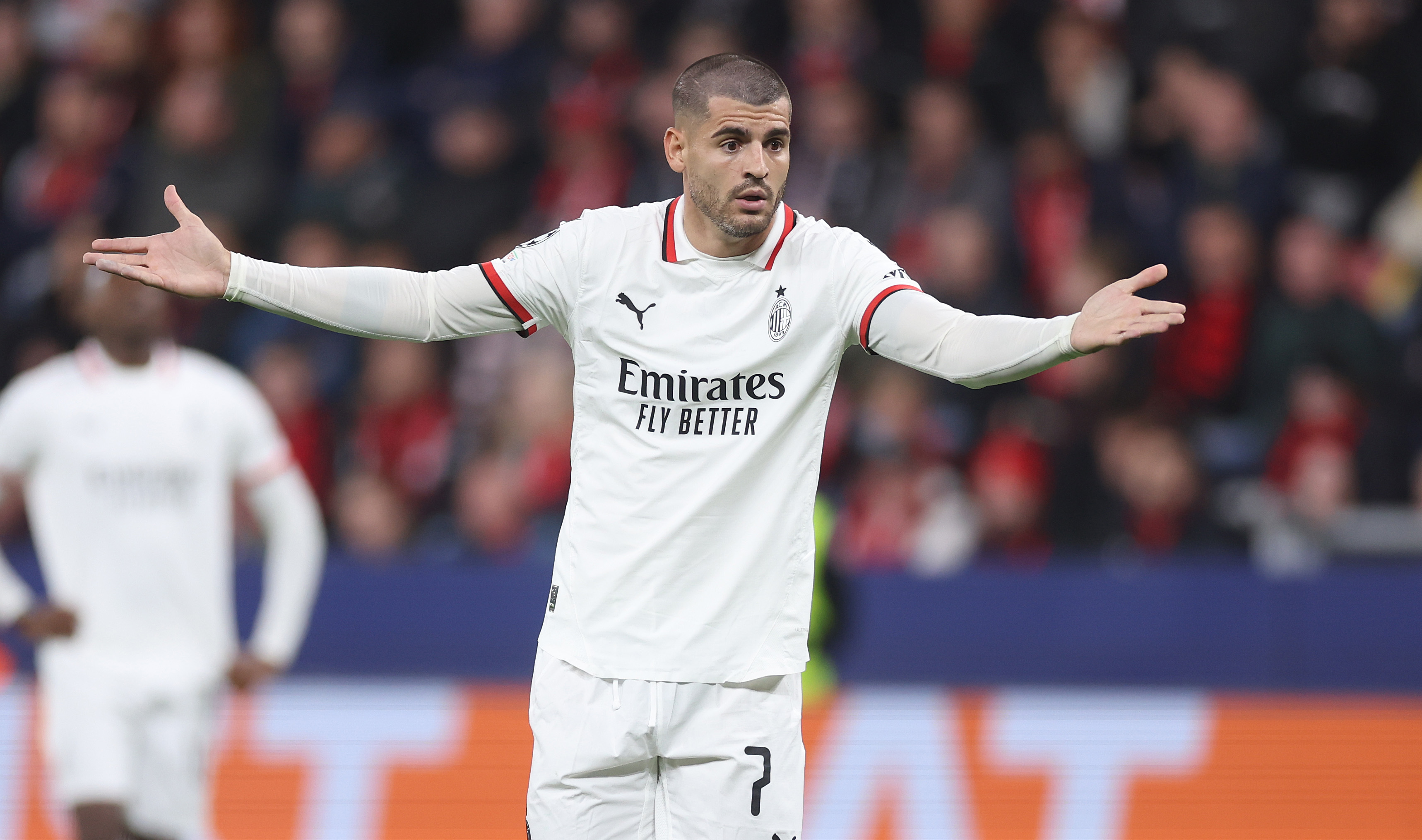 LEVERKUSEN, GERMANY - OCTOBER 01: Alvaro Morata of Milan looks on during the UEFA Champions League 2024/25 League Phase MD2 match between Bayer 04 Leverkusen and AC Milan at BayArena on October 01, 2024 in Leverkusen, Germany.
