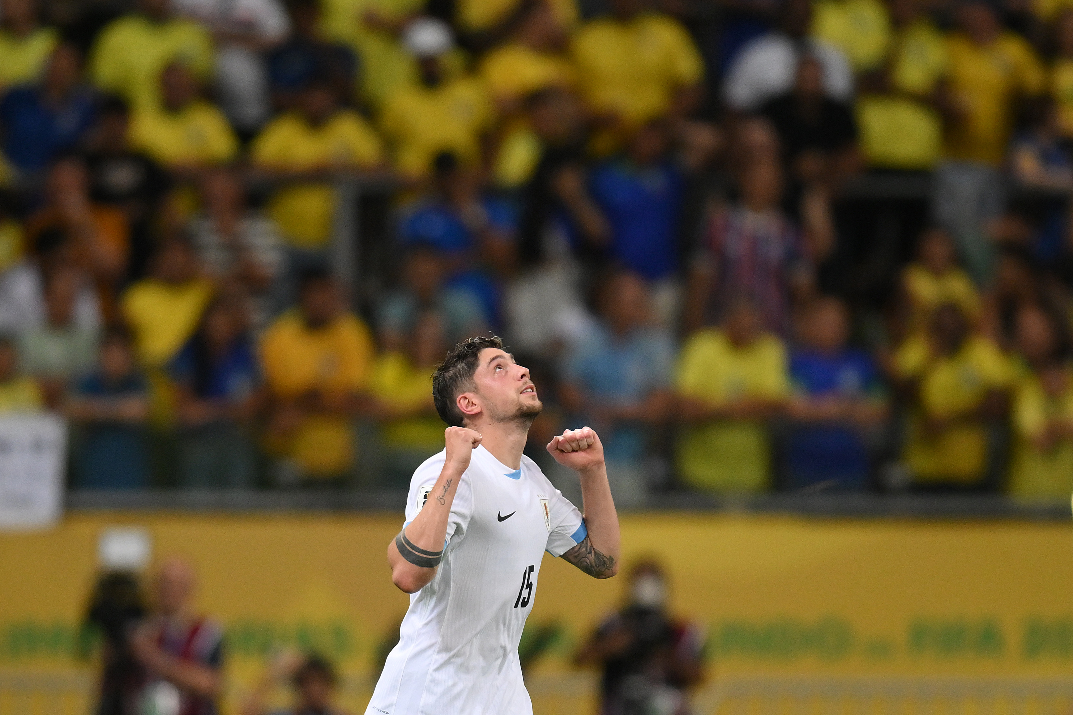 SALVADOR, BRAZIL - NOVEMBER 19: Federico Valverde of Uruguay celebrates after scoring the team's first goal during the South American FIFA World Cup 2026 Qualifier match between Brazil and Uruguay at Arena Fonte Nova on November 19, 2024 in Salvador, Brazil.