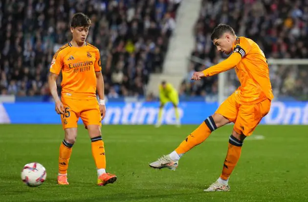 LEGANES, SPAIN - NOVEMBER 24: Federico Valverde of Real Madrid scores his team's second goal during the LaLiga match between CD Leganes and Real Madrid CF at Estadio Municipal de Butarque on November 24, 2024 in Leganes, Spain.