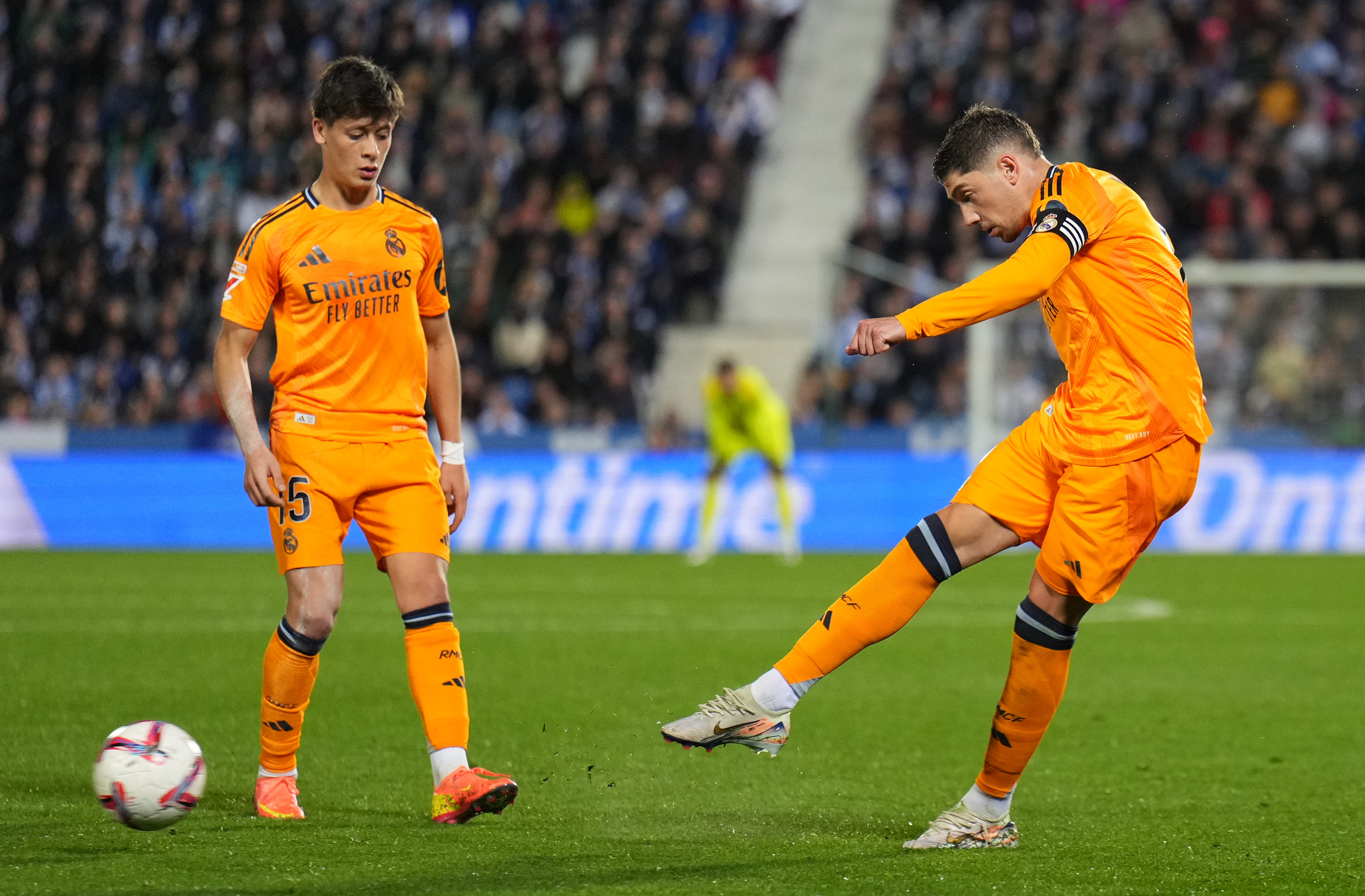 LEGANES, SPAIN - NOVEMBER 24: Federico Valverde of Real Madrid scores his team's second goal during the LaLiga match between CD Leganes and Real Madrid CF at Estadio Municipal de Butarque on November 24, 2024 in Leganes, Spain.