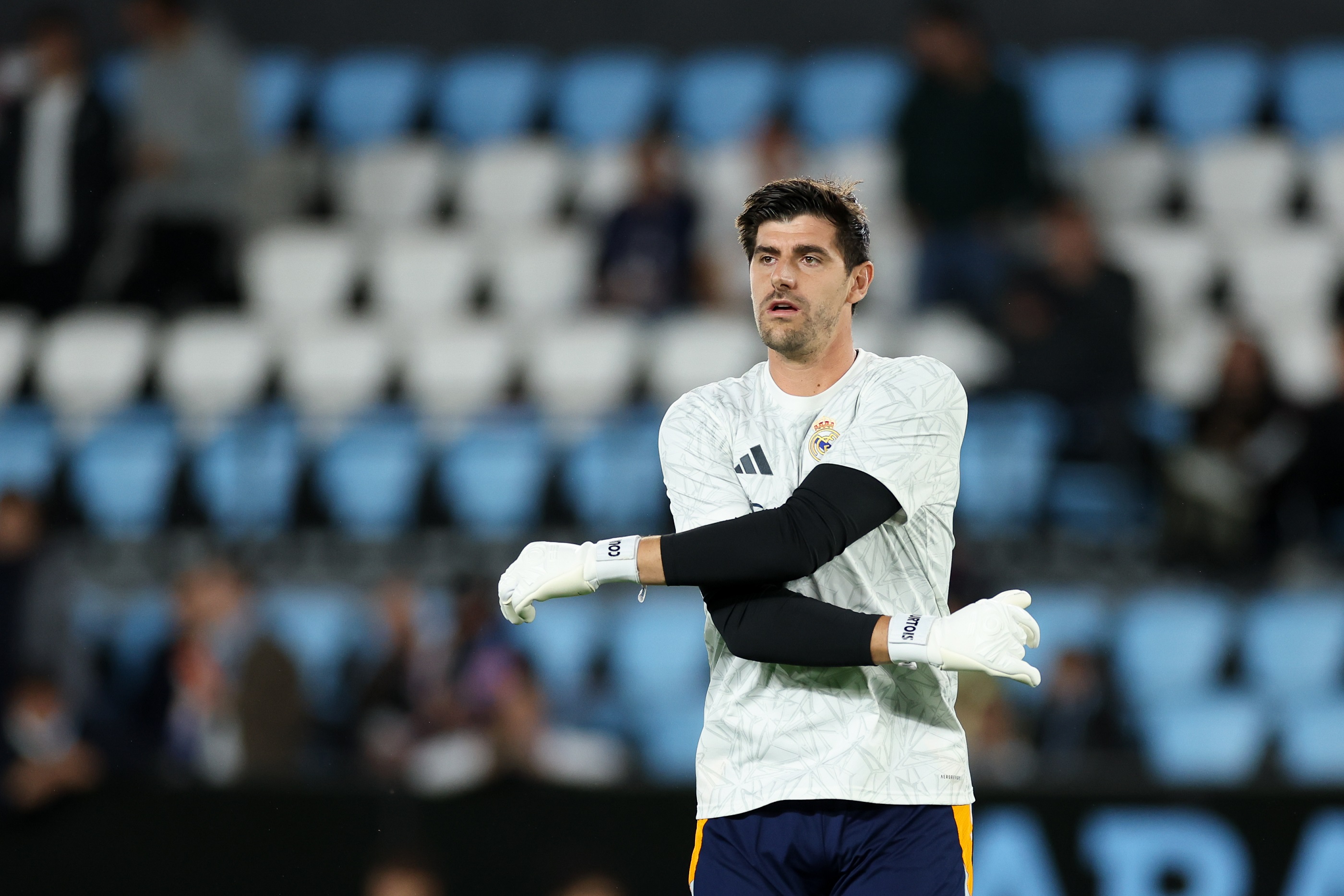 VIGO, SPAIN - OCTOBER 19: Thibaut Courtois of Real Madrid CF warms up prior to the LaLiga match between RC Celta de Vigo and Real Madrid CF at Estadio Balaidos on October 19, 2024 in Vigo, Spain.