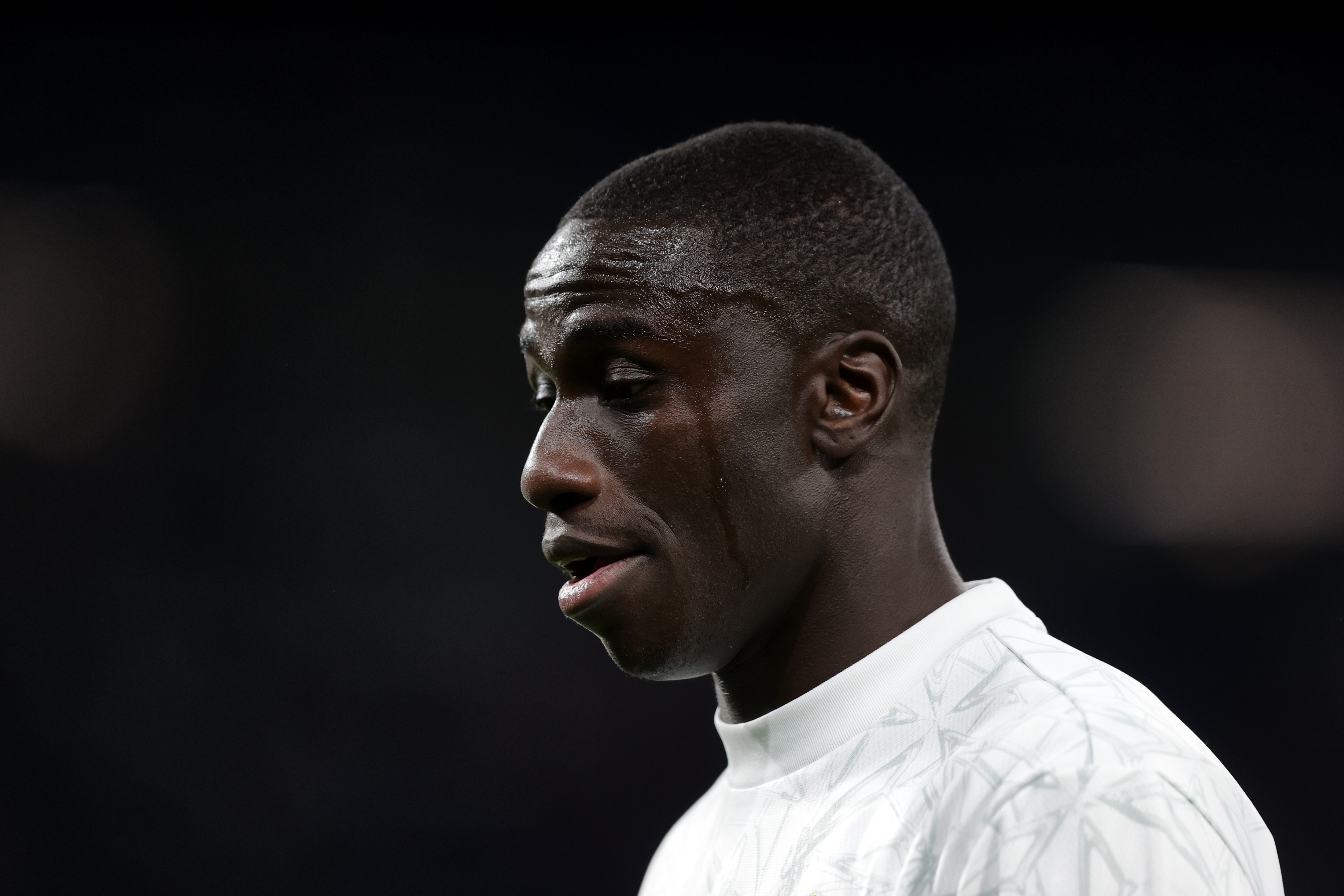 MADRID, SPAIN - SEPTEMBER 24: Ferland Mendy of Real Madrid CF warms up before the LaLiga match between Real Madrid CF and Deportivo Alaves at Estadio Santiago Bernabeu on September 24, 2024 in Madrid, Spain.