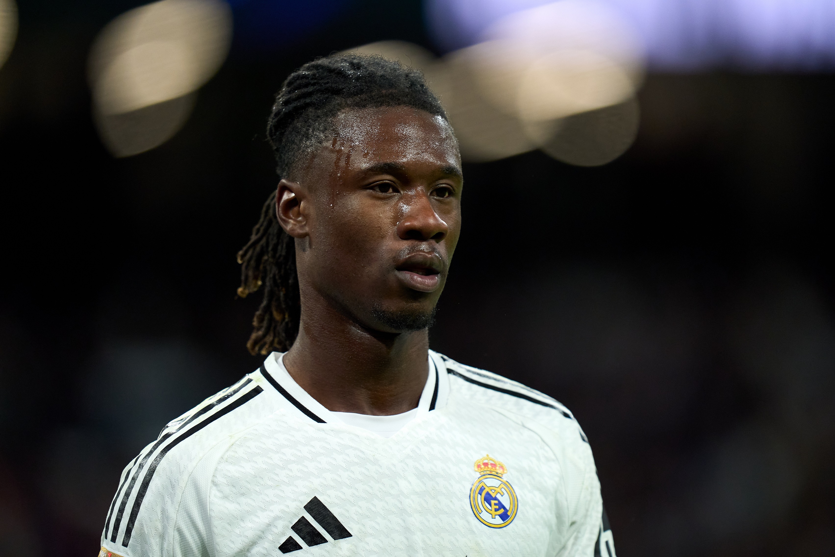 MADRID, SPAIN - OCTOBER 26: Eduardo Camavinga of Real Madrid looks on during the LaLiga match between Real Madrid CF and FC Barcelona at Estadio Santiago Bernabeu on October 26, 2024 in Madrid, Spain.