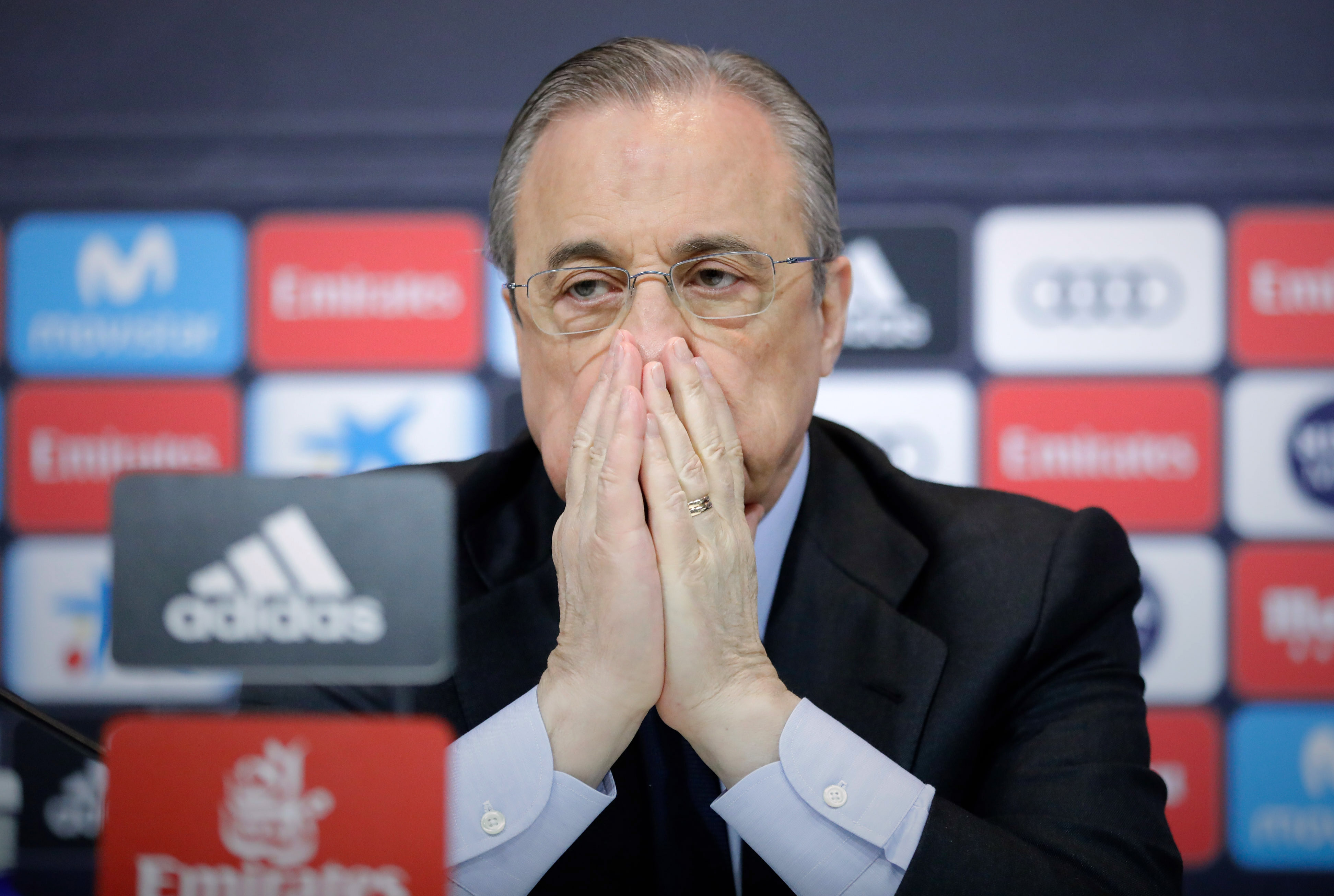 MADRID, SPAIN - MAY 31: Real Madrid CF president Florentino Perez reacts as he listens to Zinedine Zidane during a press conference to announce his resignation as Real Madrid coach at Valdebebas Sport City on May 31, 2018 in Madrid, Spain. Zidane steps down from the position of Manager of Real Madrid, after leading the club to it's third consecutive UEFA Champions League title.