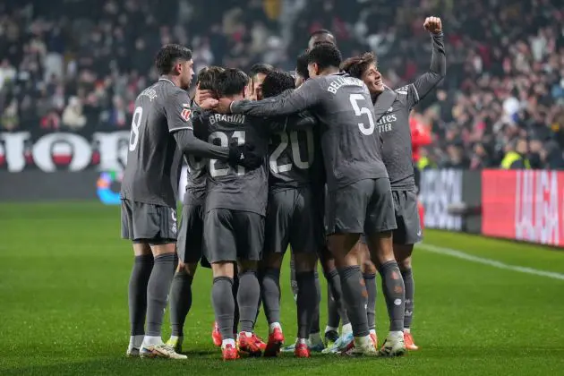 MADRID, SPAIN - DECEMBER 14: Rodrygo of Real Madrid (obscured) celebrates with his teammates after scoring his team's third goal during the LaLiga EA Sports match between Rayo Vallecano and Real Madrid at Estadio de Vallecas on December 14, 2024 in Madrid, Spain.