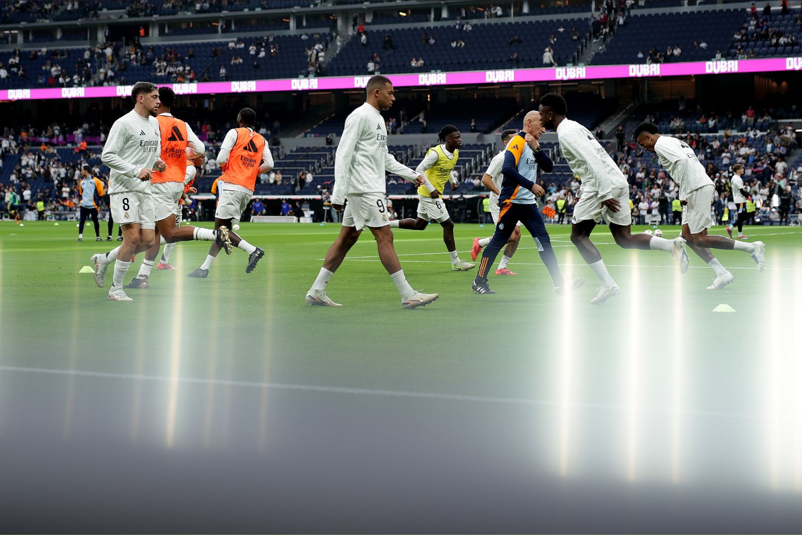 MADRID, SPAIN - NOVEMBER 09: Kylian Mbappe of Real Madrid CF warms up with teammates before during the LaLiga match between Real Madrid CF and CA Osasuna at Estadio Santiago Bernabeu on November 09, 2024 in Madrid, Spain.