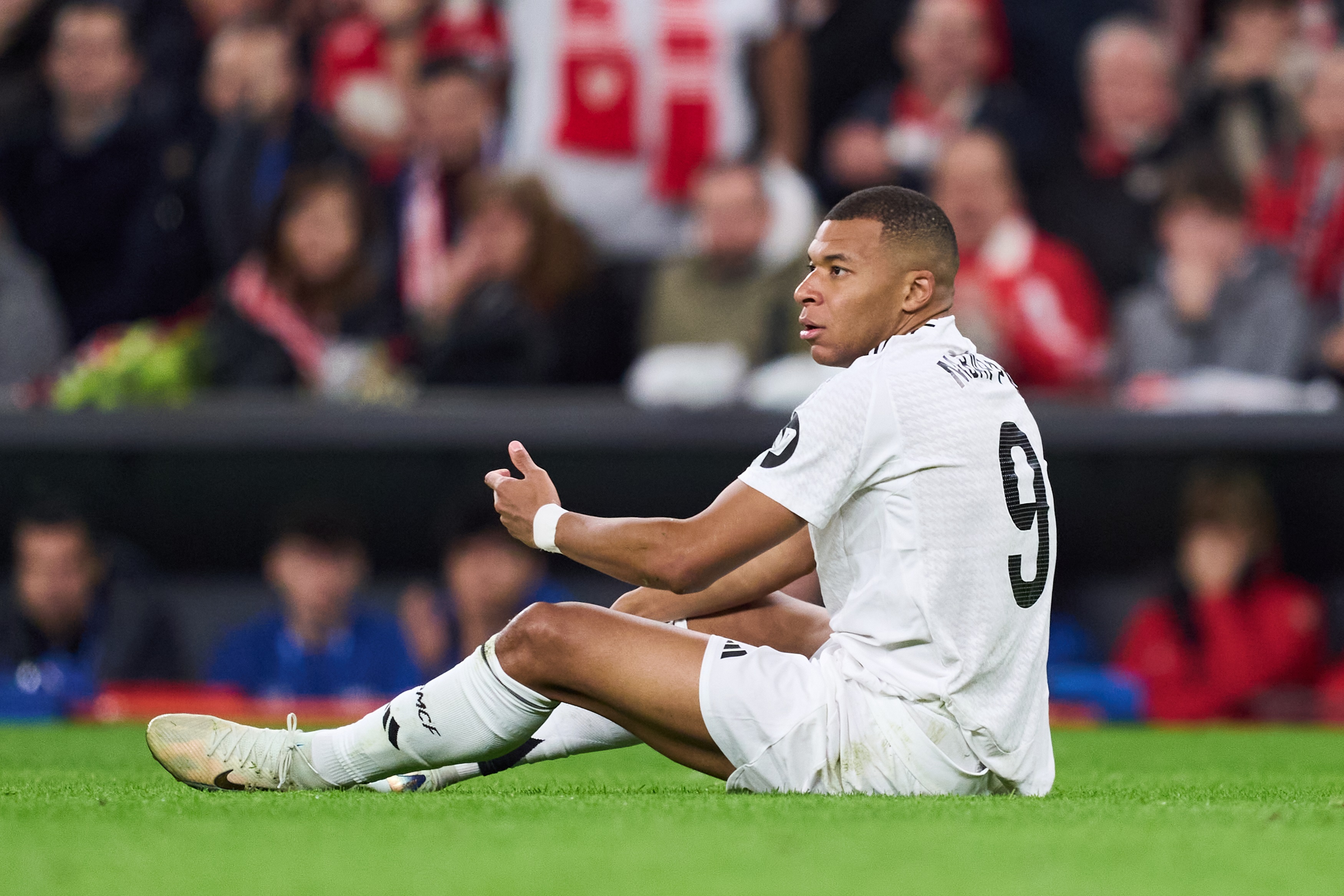 BILBAO, SPAIN - DECEMBER 04: Kylian Mbappe of Real Madrid reacts during the LaLiga match between Athletic Club and Real Madrid CF at Estadio de San Mames on December 04, 2024 in Bilbao, Spain.