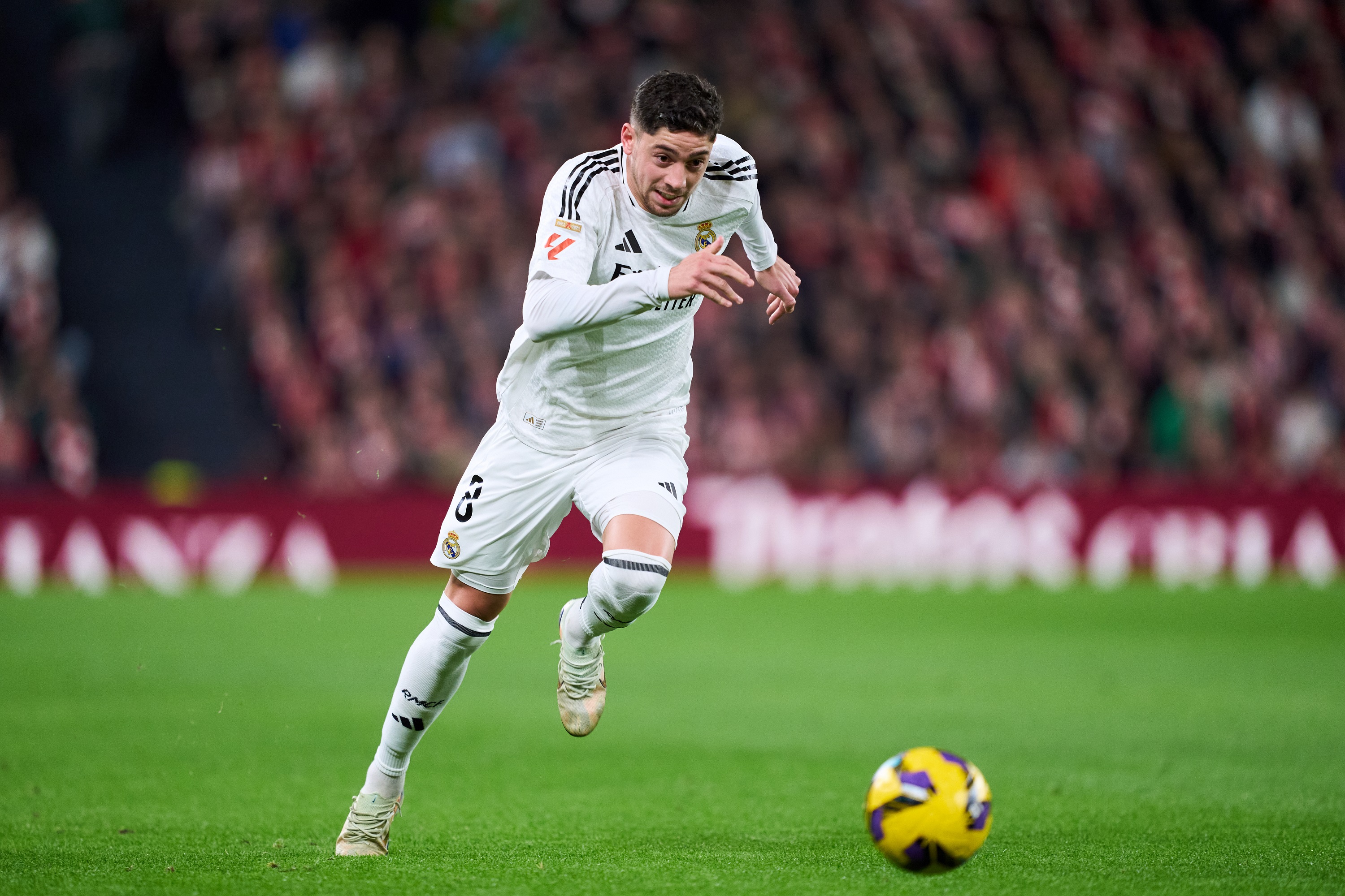 BILBAO, SPAIN - DECEMBER 04: Federico Valverde of Real Madrid in action during the LaLiga match between Athletic Club and Real Madrid CF at Estadio de San Mames on December 04, 2024 in Bilbao, Spain.