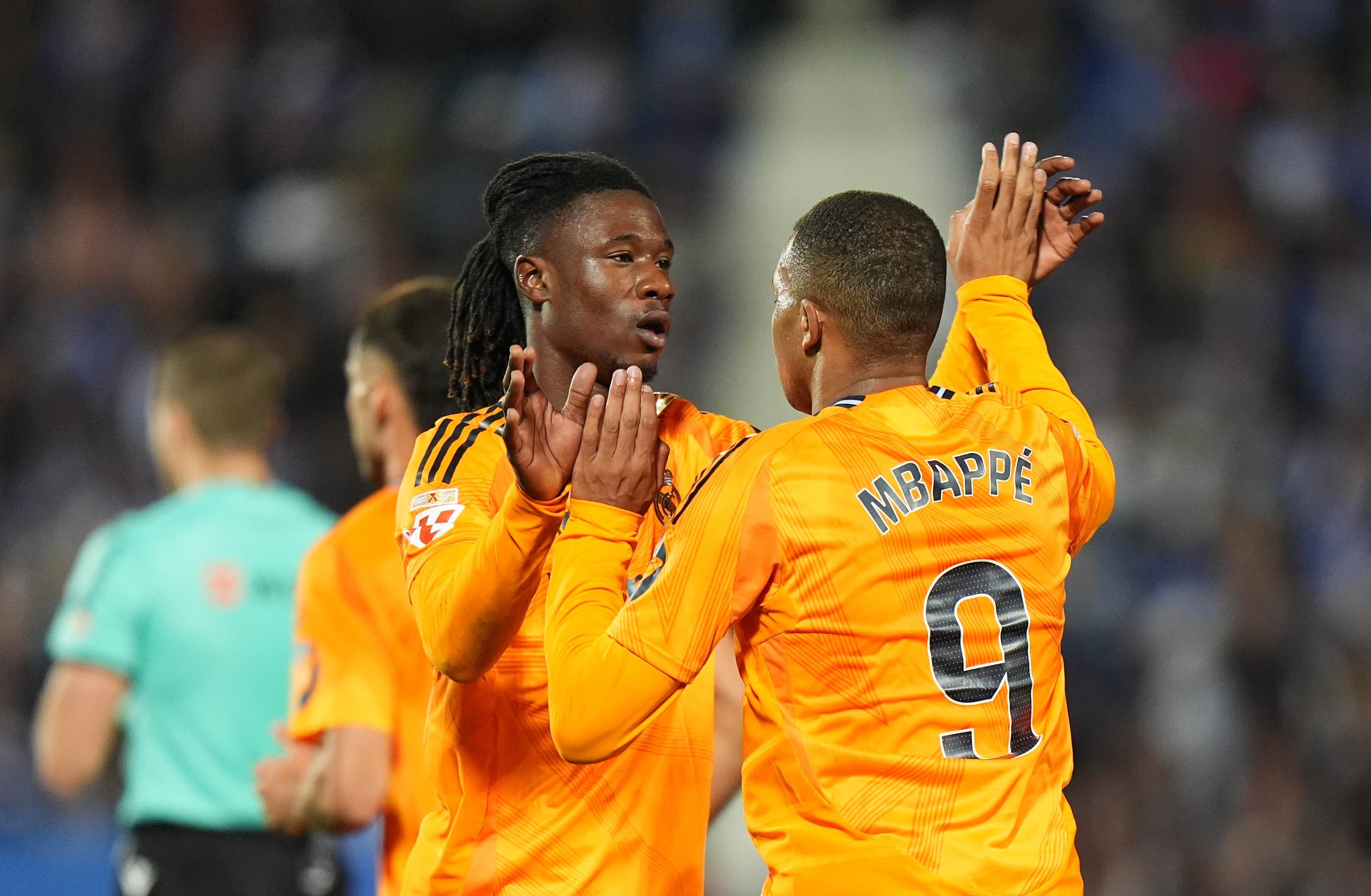LEGANES, SPAIN - NOVEMBER 24: Kylian Mbappe of Real Madrid celebrates scoring his team's first goal with teammate Eduardo Camavinga during the LaLiga match between CD Leganes and Real Madrid CF at Estadio Municipal de Butarque on November 24, 2024 in Leganes, Spain.