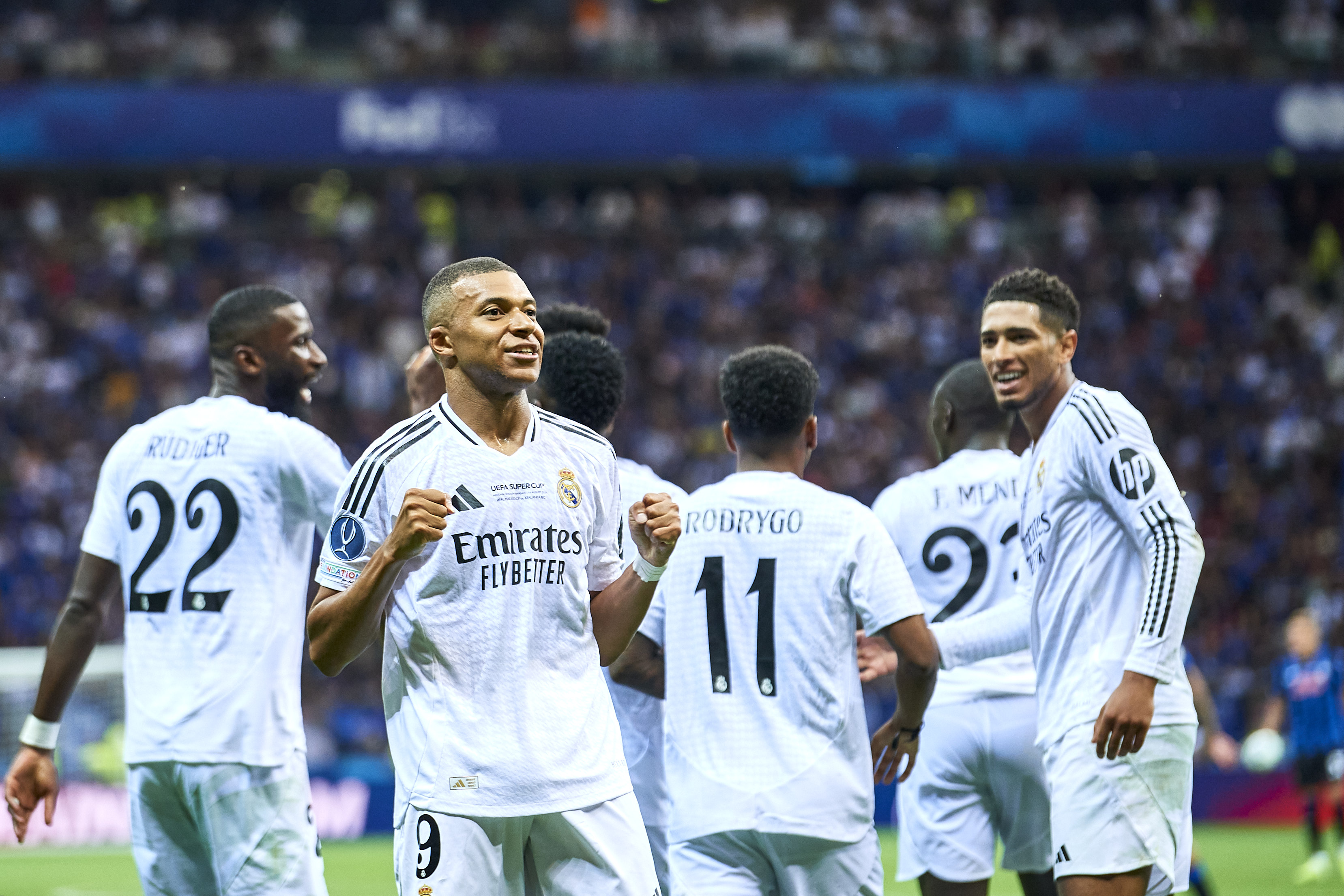 WARSAW, POLAND - AUGUST 14: Kylian Mbappe from Real Madrid celebrates after scoring during the UEFA Super Cup 2024 match between Real Madrid and Atalanta BC at National Stadium on August 14, 2024 in Warsaw, Poland.