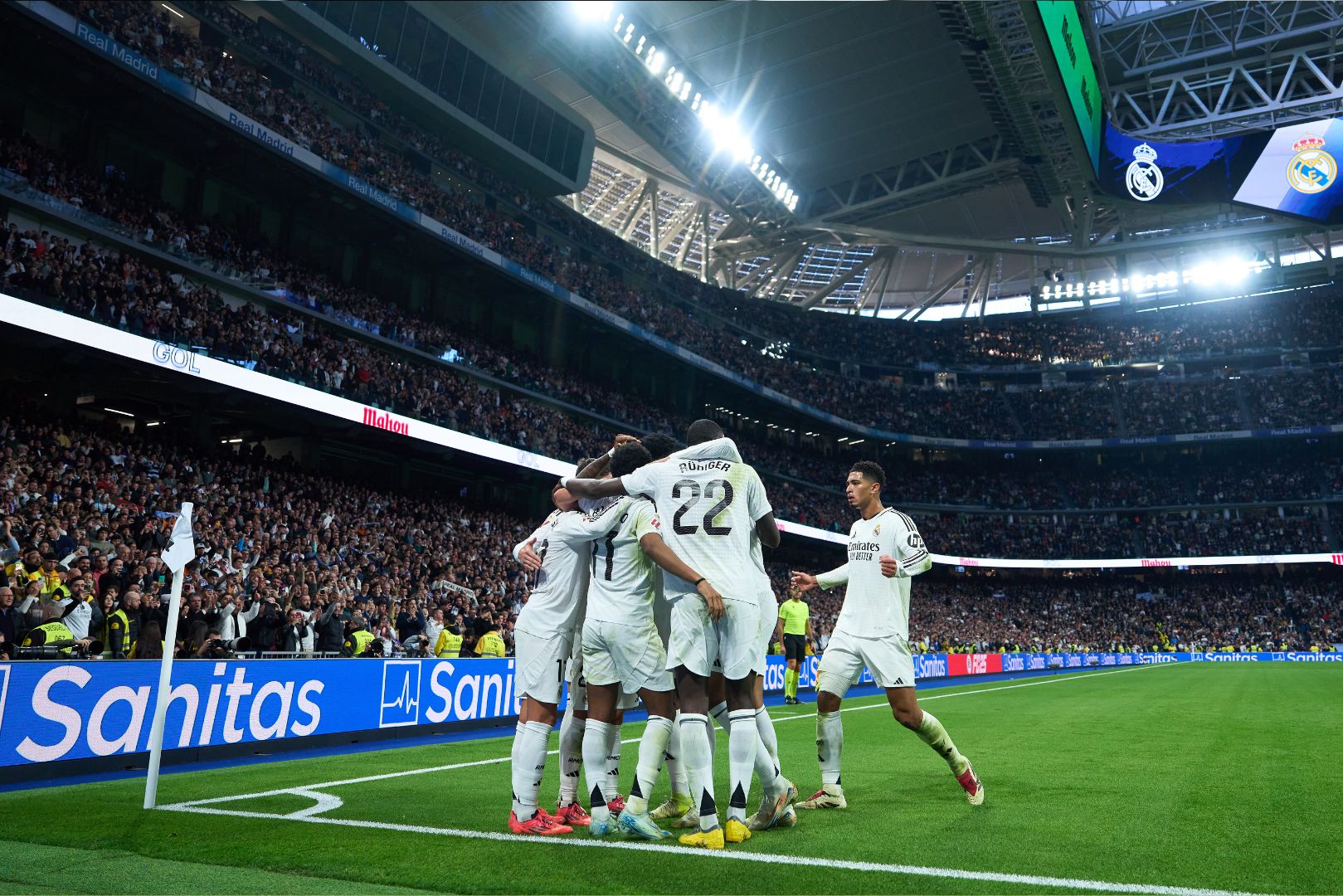 MADRID, SPAIN - DECEMBER 22: Rodrygo Goes of Real Madrid celebrates with teammates after scoring the team's third goal during the LaLiga match between Real Madrid CF and Sevilla FC at Estadio Santiago Bernabeu on December 22, 2024 in Madrid, Spain.