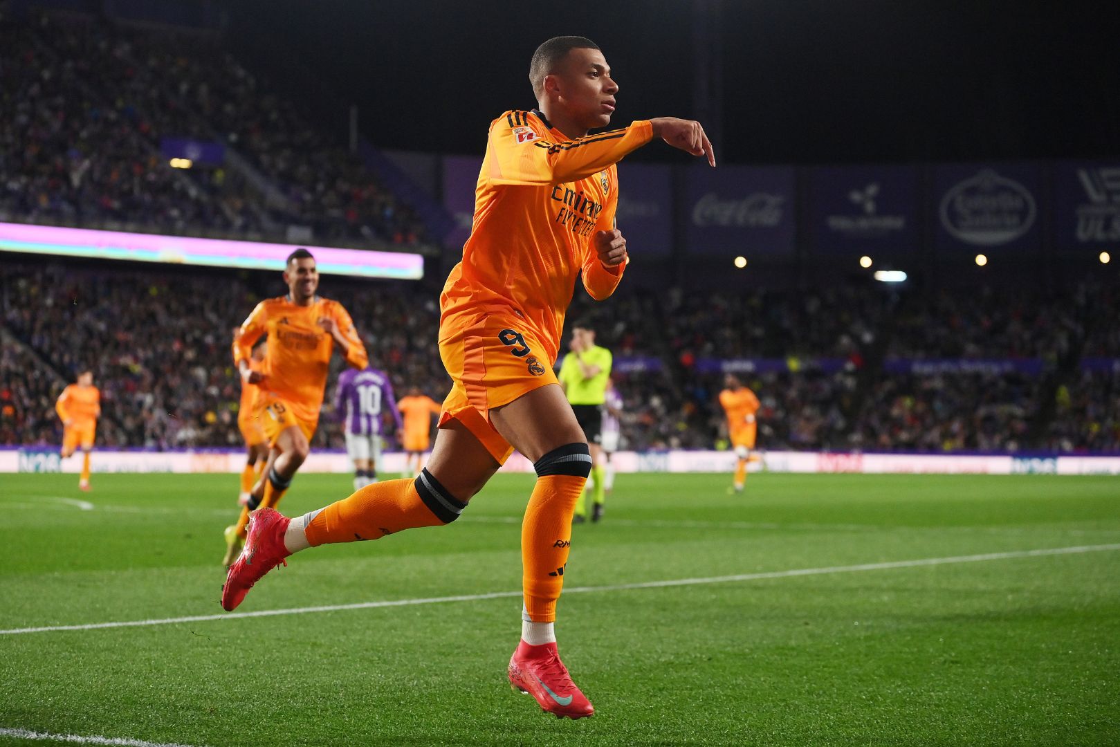 VALLADOLID, SPAIN - JANUARY 25: Kylian Mbappe of Real Madrid celebrates scoring his team's first goal during the LaLiga match between Real Valladolid CF and Real Madrid CF at Jose Zorrilla on January 25, 2025 in Valladolid, Spain.