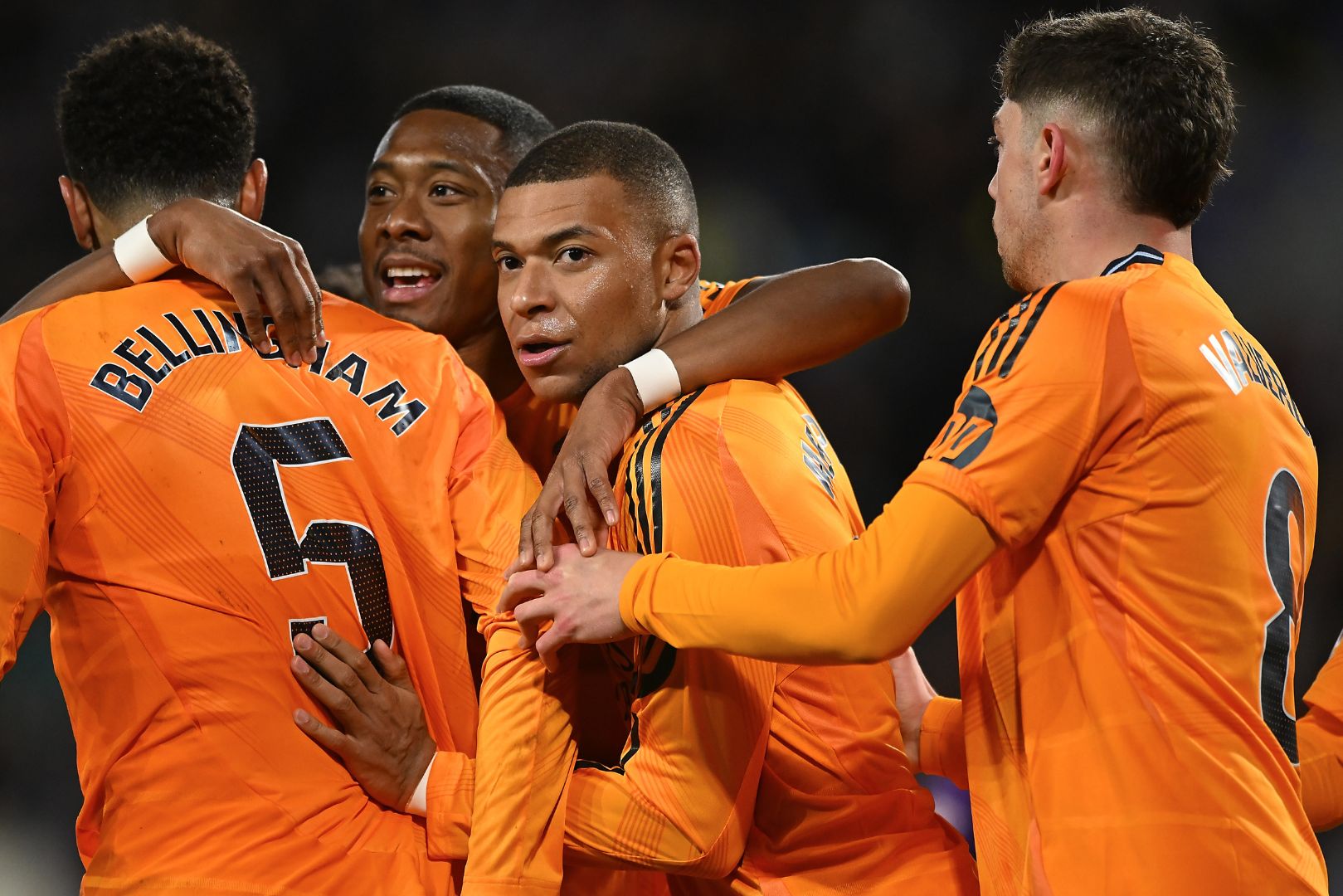 VALLADOLID, SPAIN - JANUARY 25: Kylian Mbappe of Real Madrid celebrates with teammates Jude Bellingham, David Alaba and Federico Valverde scoring his third goal during the LaLiga match between Real Valladolid CF and Real Madrid CF at Jose Zorrilla on January 25, 2025 in Valladolid, Spain.