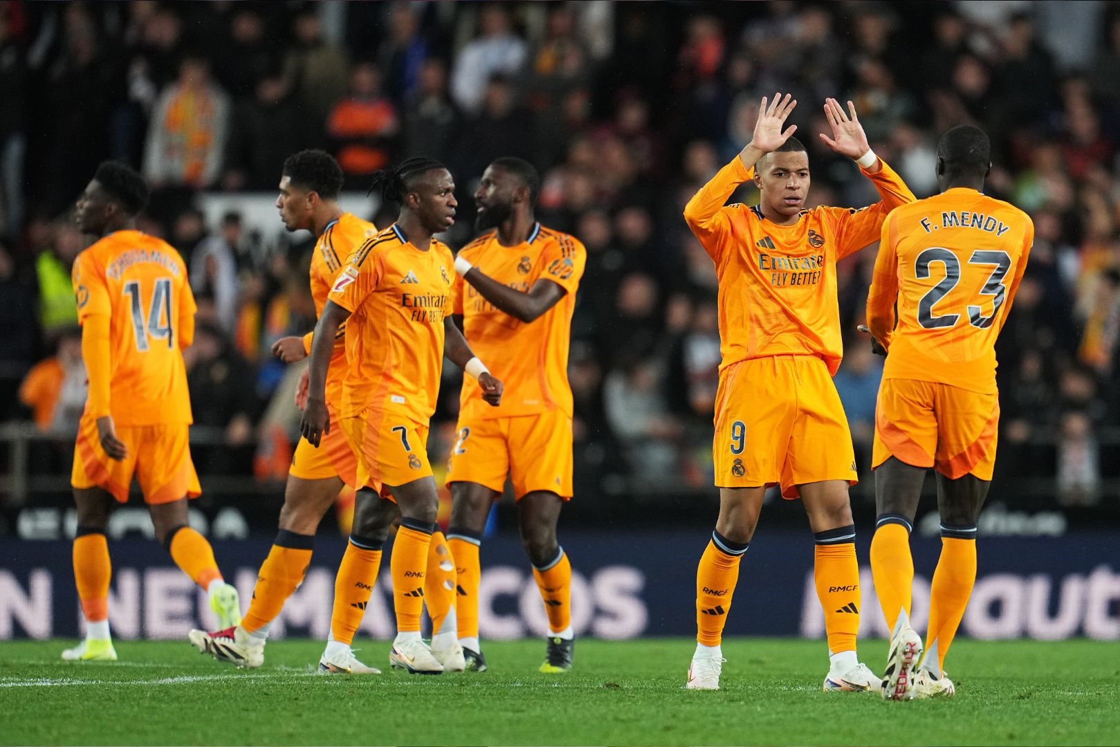 VALENCIA, SPAIN - JANUARY 03: Kylian Mbappe of Real Madrid celebrates scoring a goal with teammate Ferland Mendy which was later ruled out for offside during the LaLiga match between Valencia CF and Real Madrid CF at Estadio Mestalla on January 03, 2025 in Valencia, Spain.