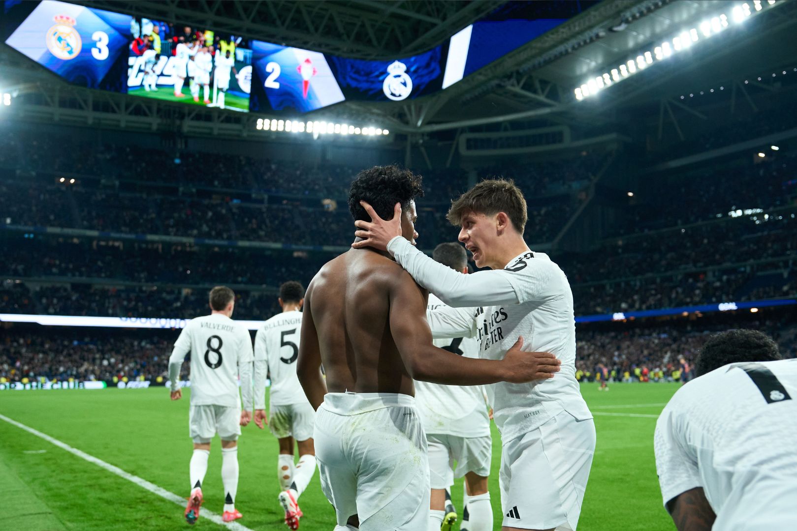 MADRID, SPAIN - JANUARY 16: Endrick Felipe Moreira of Real Madrid celebrates scoring his team's third goal with Arda Gueler during the Copa Del Rey match between Real Madrid and Celta de Vigo at Estadio Santiago Bernabeu on January 16, 2025 in Madrid, Spain.
