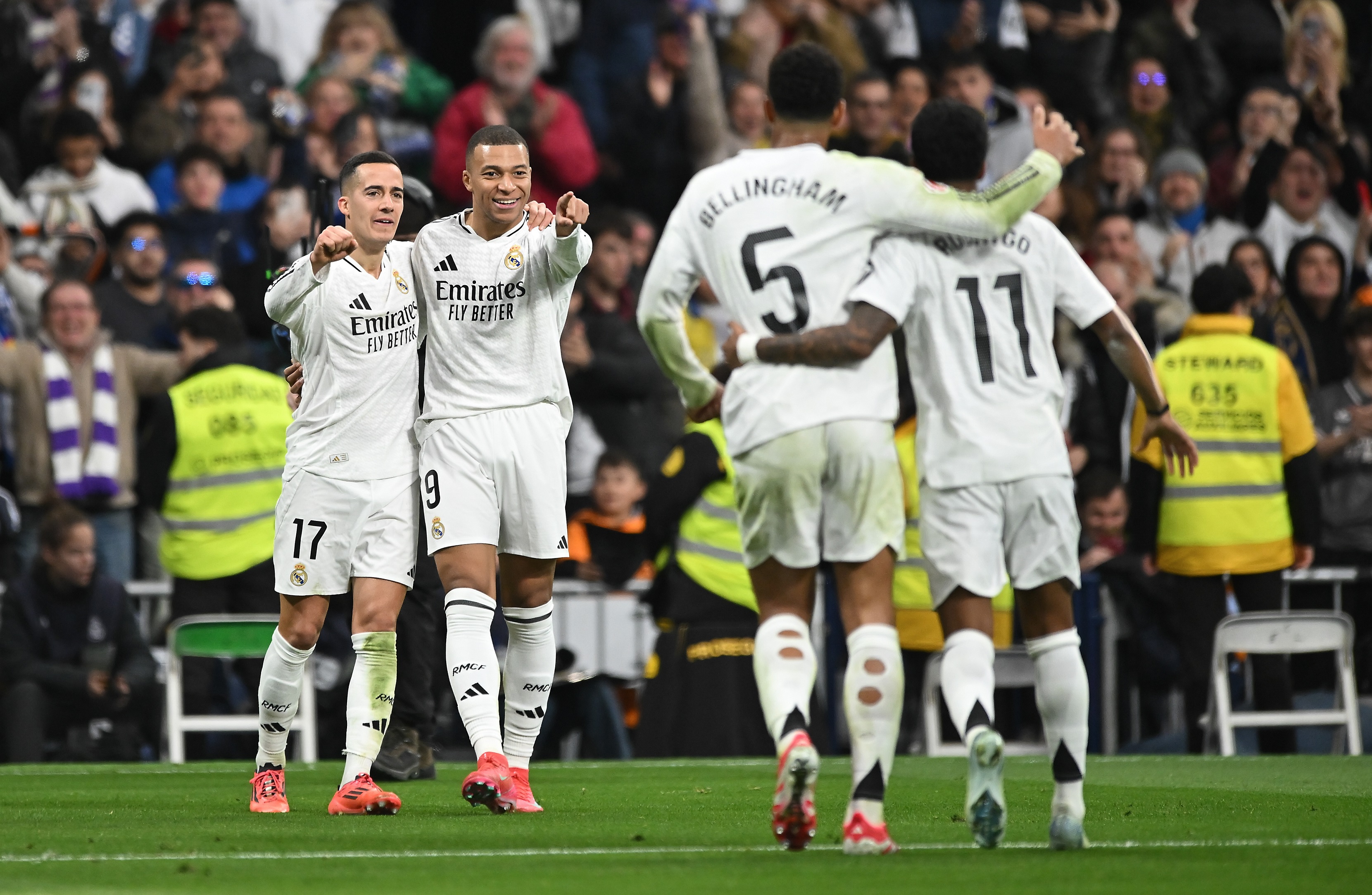 MADRID, SPAIN - JANUARY 19: Kylian Mbappe of Real Madrid celebrates scoring his team's third goal during the LaLiga match between Real Madrid CF and UD Las Palmas at Estadio Santiago Bernabeu on January 19, 2025 in Madrid, Spain.