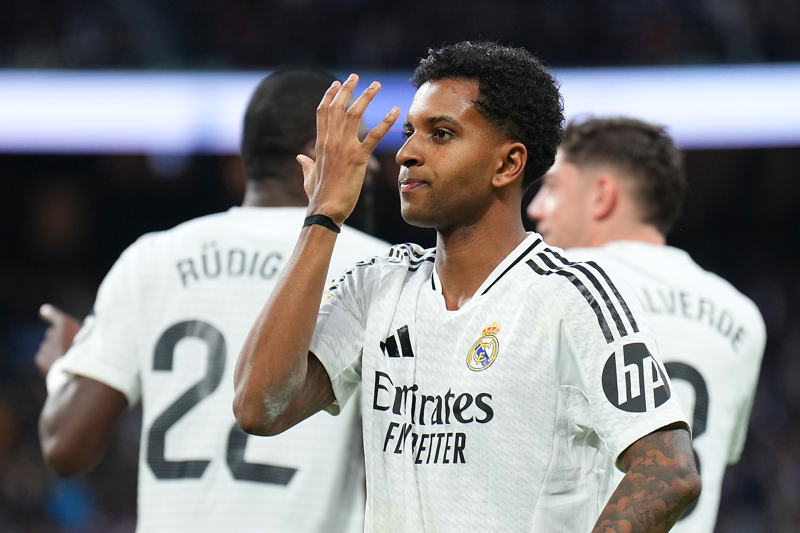 MADRID, SPAIN - JANUARY 19: Rodrygo of Real Madrid celebrates scoring his team's fourth goal during the LaLiga match between Real Madrid CF and UD Las Palmas at Estadio Santiago Bernabeu on January 19, 2025 in Madrid, Spain.