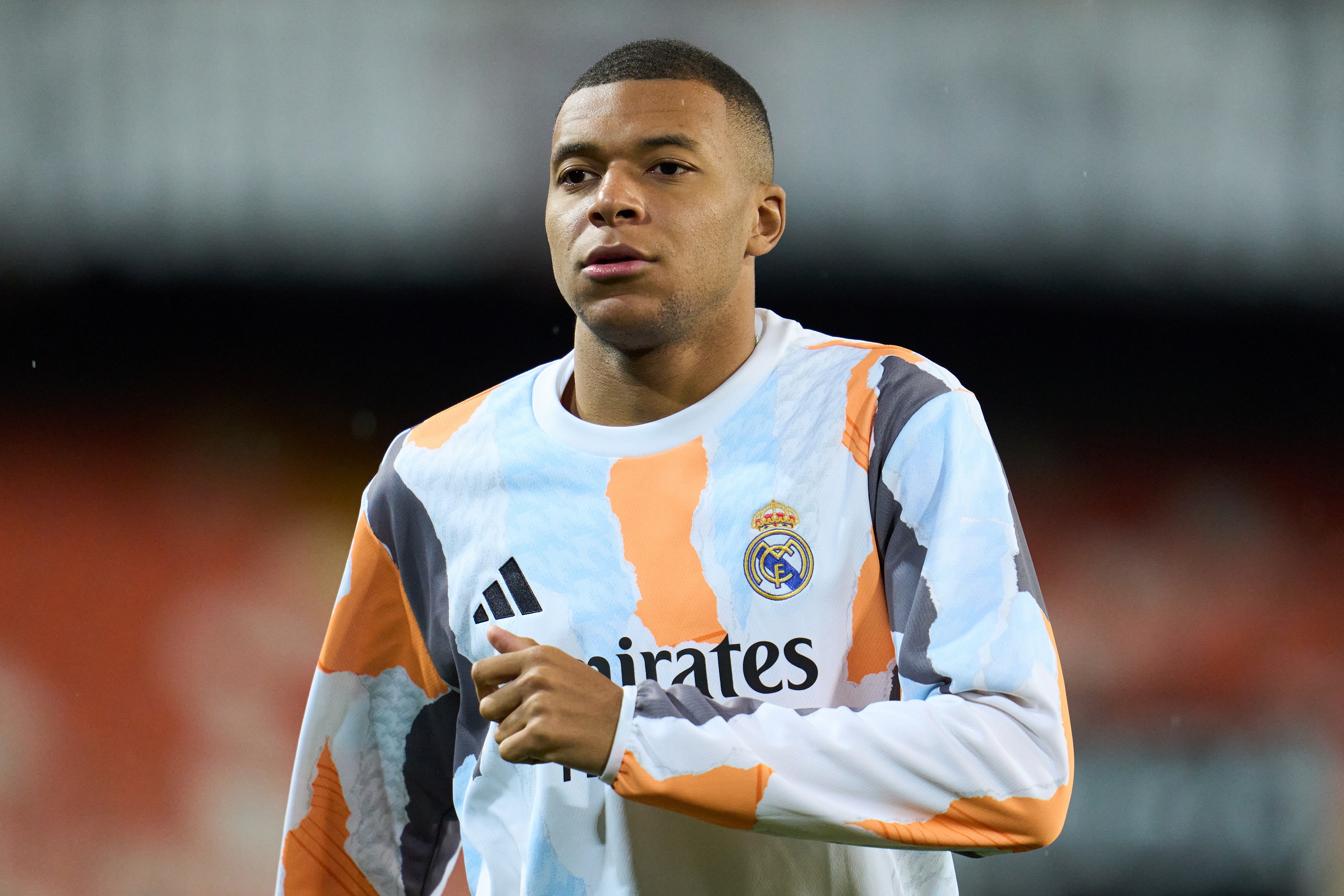 VALENCIA, SPAIN - JANUARY 03: Kylian Mbappe of Real Madrid looks on during the LaLiga match between Valencia CF and Real Madrid CF at Estadio Mestalla on January 03, 2025 in Valencia, Spain.