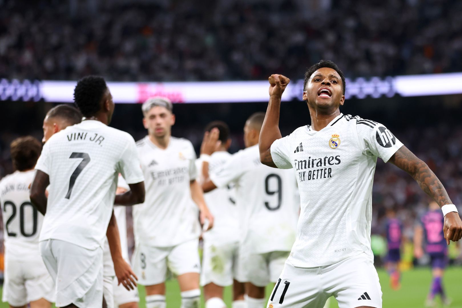 MADRID, SPAIN - SEPTEMBER 21: Rodrygo of Real Madrid celebrates scoring his team's second goal during the LaLiga match between Real Madrid CF and RCD Espanyol de Barcelona at Estadio Santiago Bernabeu on September 21, 2024 in Madrid, Spain.