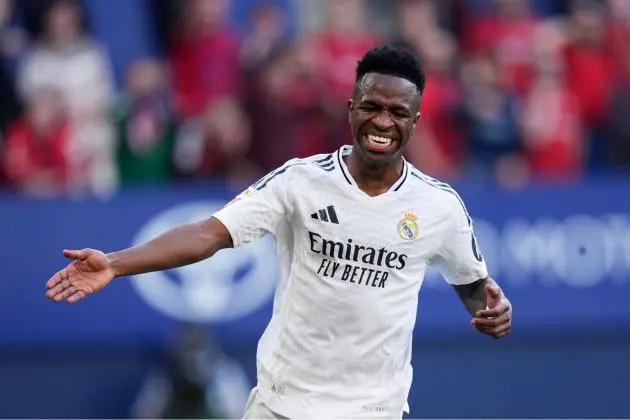 PAMPLONA, SPAIN - FEBRUARY 15: Vinicius Junior of Real Madrid reacts during the LaLiga match between CA Osasuna and Real Madrid CF at Estadio El Sadar on February 15, 2025 in Pamplona, Spain.
