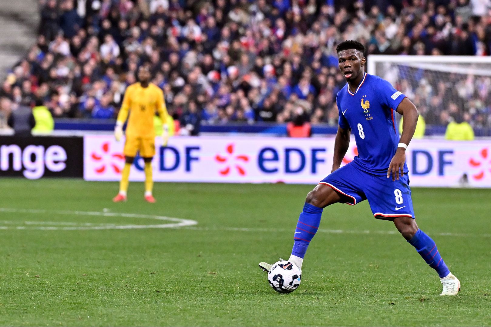 PARIS, FRANCE - MARCH 23: Aurelien Tchouameni of France runs with the ball during the UEFA Nations League Quarterfinal Leg Two match between Croatia and France at Stade de France on March 23, 2025 in Paris, France.