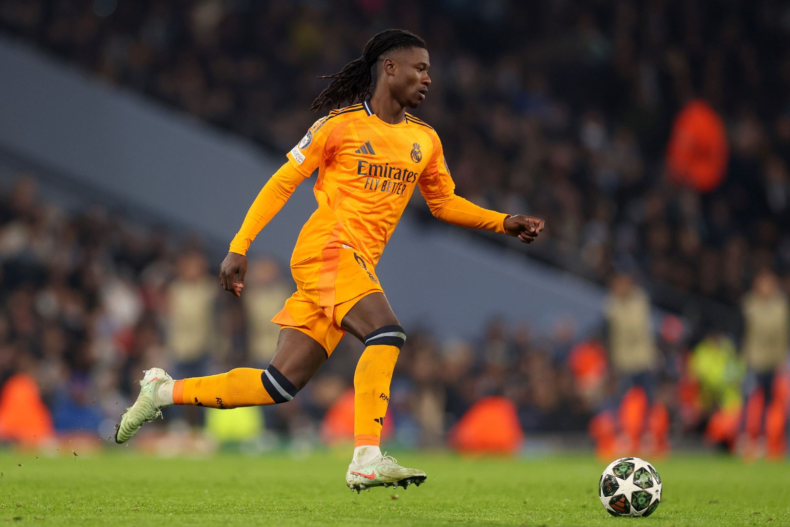 MANCHESTER, ENGLAND - FEBRUARY 11: Eduardo Camavinga of Real Madrid during the UEFA Champions League 2024/25 League Knockout Play-off first leg match between Manchester City and Real Madrid C.F. at Manchester City Stadium on February 11, 2025 in Manchester, England.