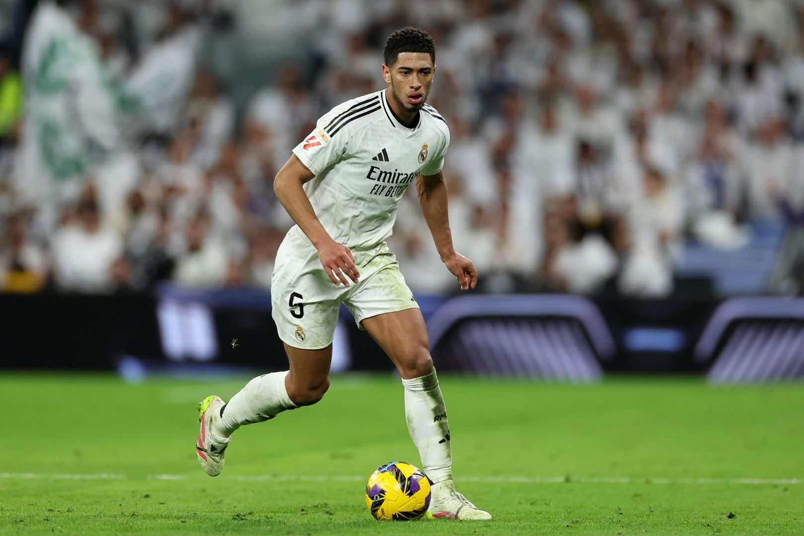 MADRID, SPAIN - MARCH 29: Jude Bellingham of Real Madrid CF in action during the LaLiga match between Real Madrid CF and CD Leganes at Estadio Santiago Bernabeu on March 29, 2025 in Madrid, Spain.