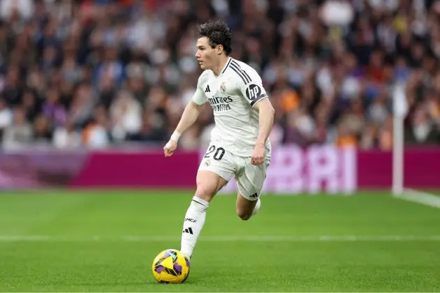 MADRID, SPAIN - MARCH 09: Fran Garcia of Real Madrid CF in action during the LaLiga match between Real Madrid CF and Rayo Vallecano at Estadio Santiago Bernabeu on March 09, 2025 in Madrid, Spain.