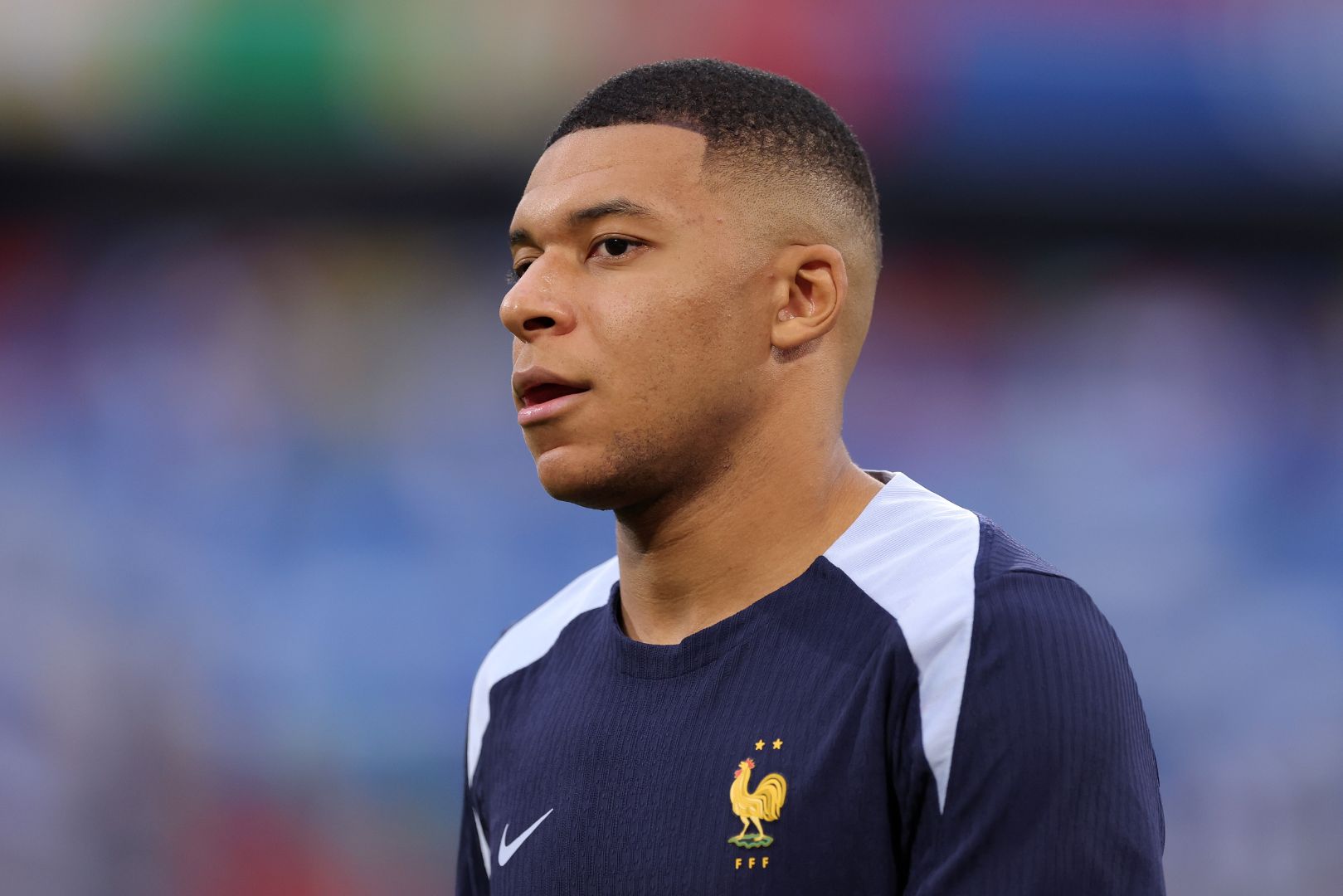 MUNICH, GERMANY - JULY 09: Kylian Mbappe of France looks on prior to the UEFA EURO 2024 semi-final match between Spain v France at Munich Football Arena on July 09, 2024 in Munich, Germany.