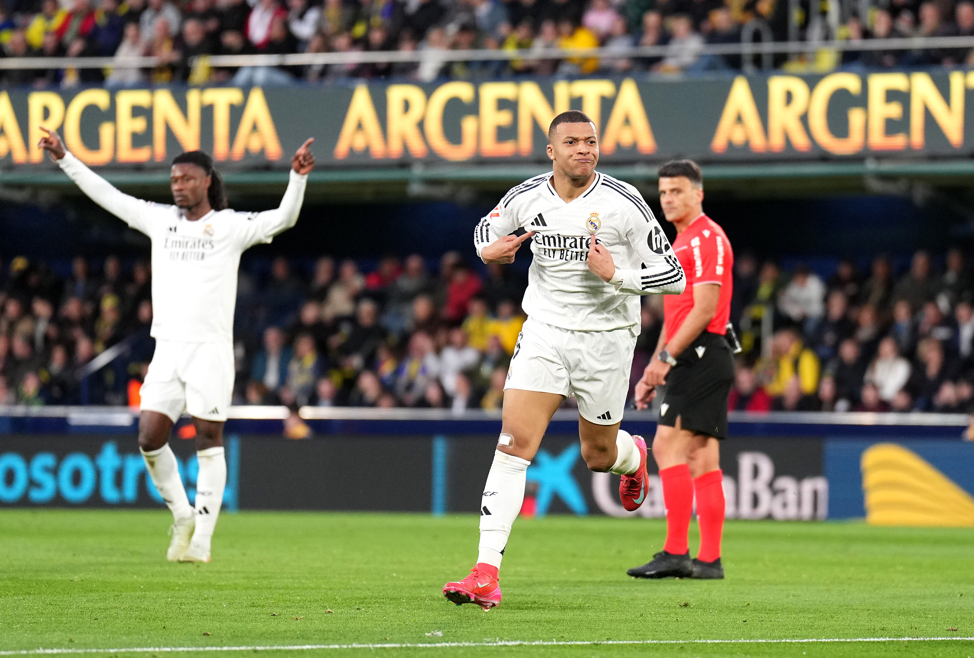 VILLARREAL, SPAIN - MARCH 15: Kylian Mbappe of Real Madrid celebrates scoring his team's second goal during the LaLiga match between Villarreal CF and Real Madrid CF at Estadio de la Ceramica on March 15, 2025 in Villarreal, Spain.