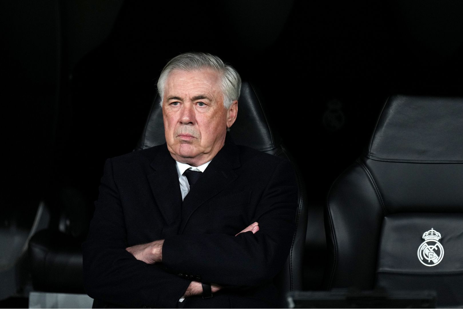 MADRID, SPAIN - APRIL 16: Carlo Ancelotti, Head Coach of Real Madrid, looks on prior to the UEFA Champions League 2024/25 Quarter Final Second Leg match between Real Madrid C.F. and Arsenal FC at Estadio Santiago Bernabeu on April 16, 2025 in Madrid, Spain.