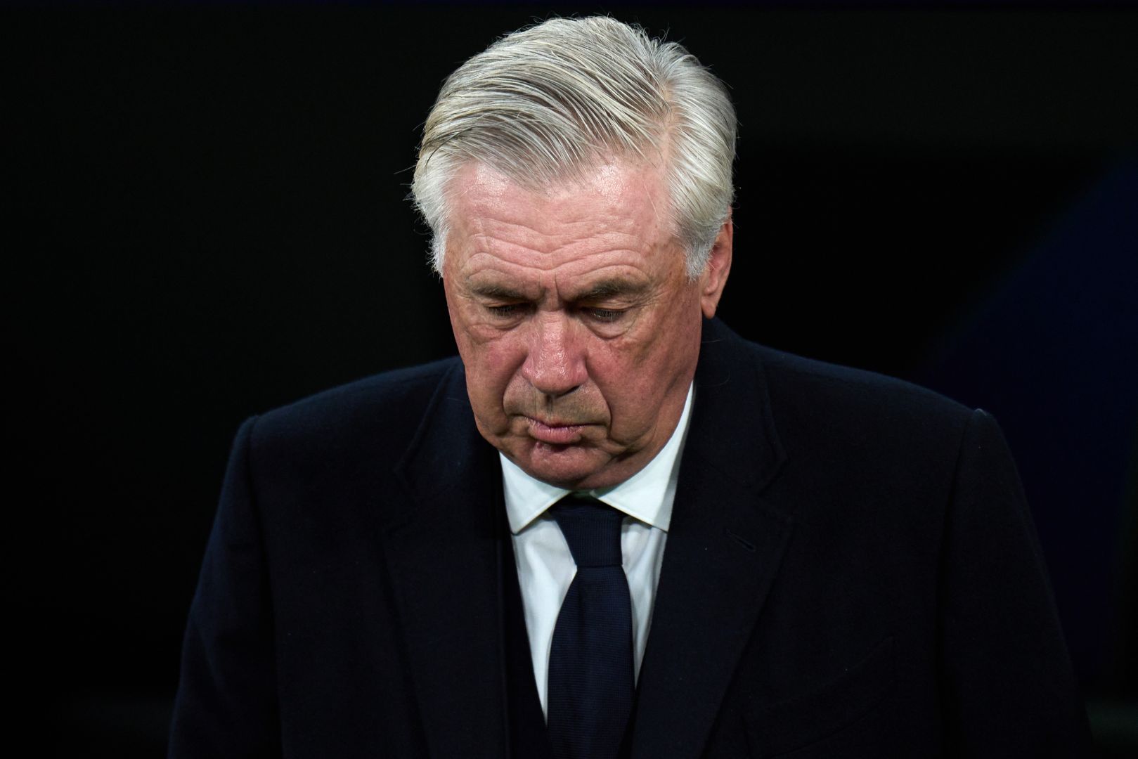 MADRID, SPAIN - APRIL 16: Carlo Ancelotti, Head Coach of Real Madrid, looks on prior to the UEFA Champions League 2024/25 Quarter Final Second Leg match between Real Madrid C.F. and Arsenal FC at Estadio Santiago Bernabeu on April 16, 2025 in Madrid, Spain.