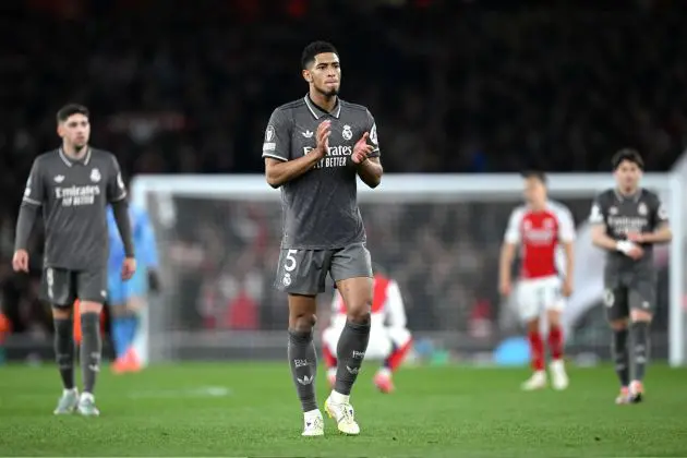 LONDON, ENGLAND - APRIL 08: Jude Bellingham of Real Madrid acknowledges the fans after his team's 3-0 defeat in the UEFA Champions League 2024/25 Quarter Final First Leg match between Arsenal FC and Real Madrid C.F. at Emirates Stadium on April 08, 2025 in London, England.