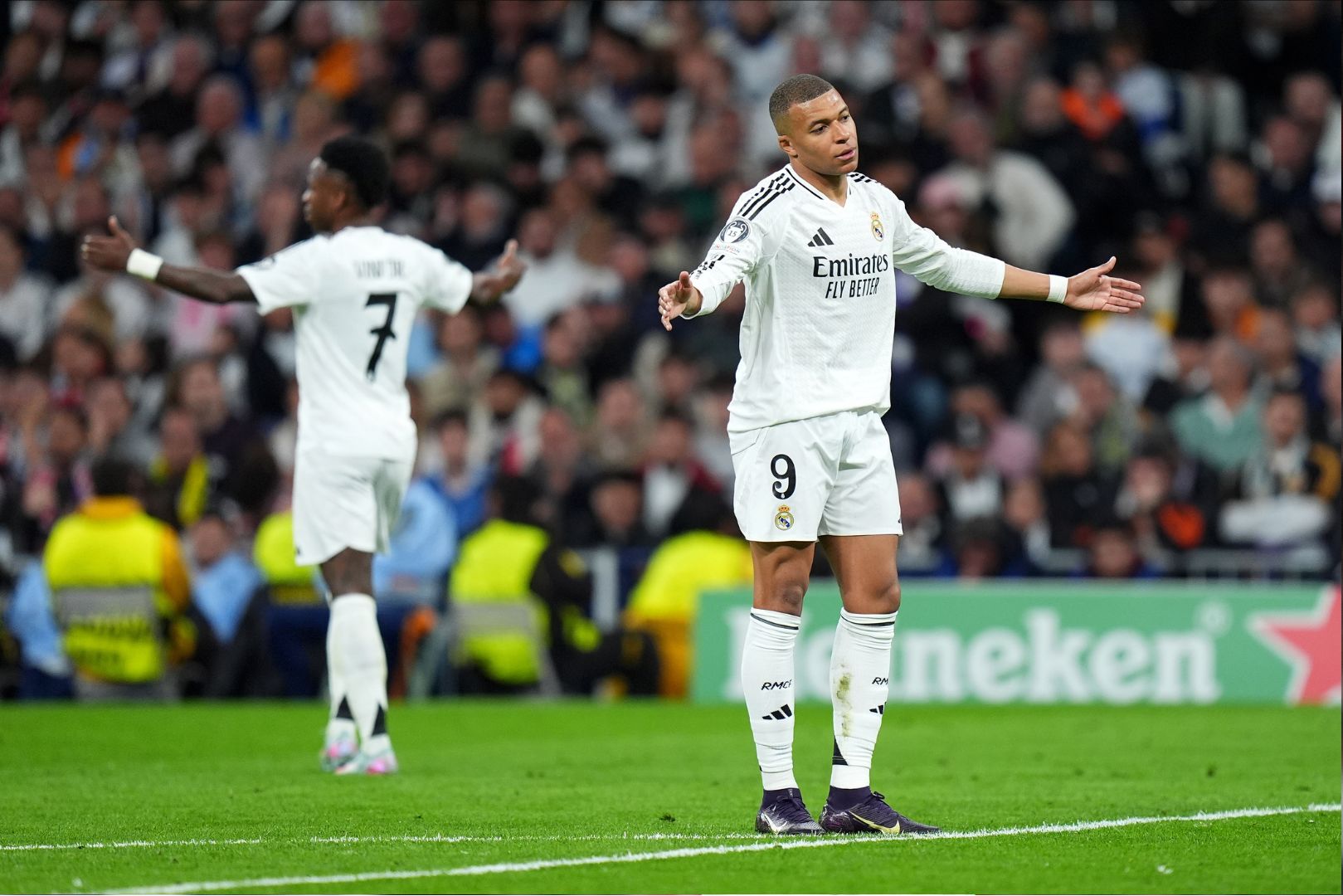 MADRID, SPAIN - APRIL 16: Kylian Mbappe of Real Madrid reacts during the UEFA Champions League 2024/25 Quarter Final Second Leg match between Real Madrid C.F. and Arsenal FC at Estadio Santiago Bernabeu on April 16, 2025 in Madrid, Spain.