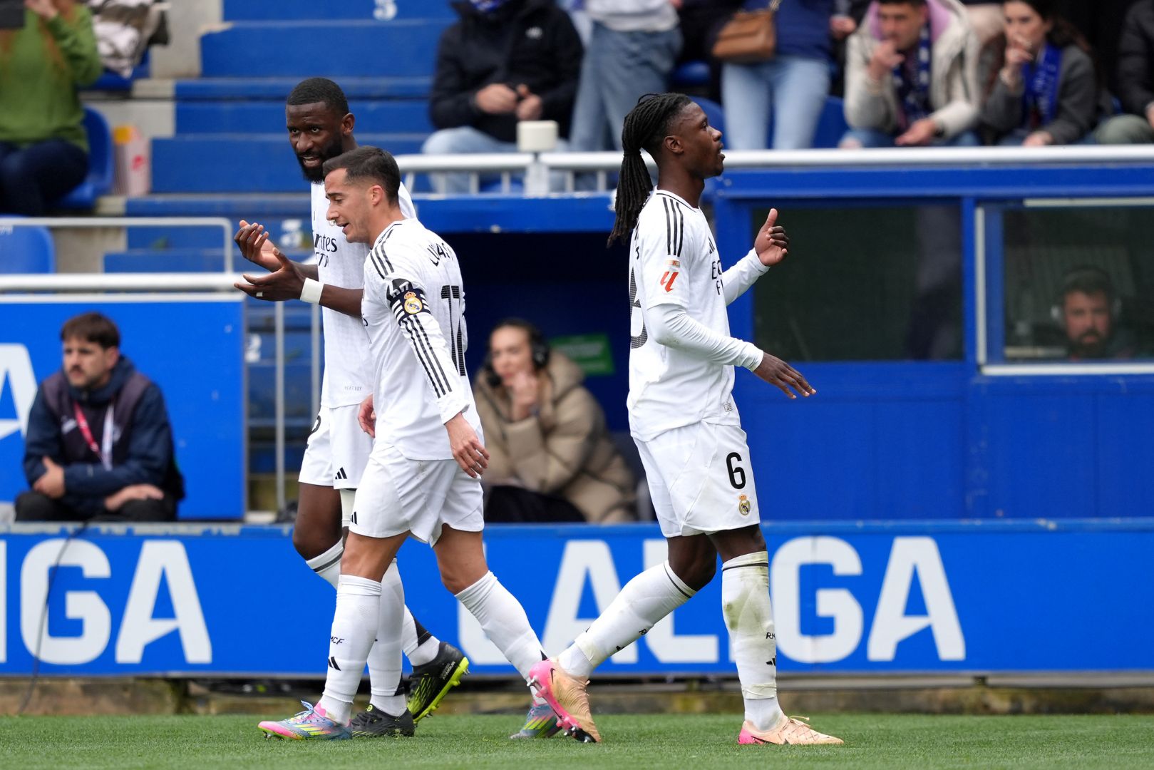 VITORIA-GASTEIZ, SPAIN - APRIL 13: Eduardo Camavinga of Real Madrid celebrates scoring his team's first goal during the LaLiga match between Deportivo Alaves and Real Madrid CF at Estadio de Mendizorroza on April 13, 2025 in Vitoria-Gasteiz, Spain.