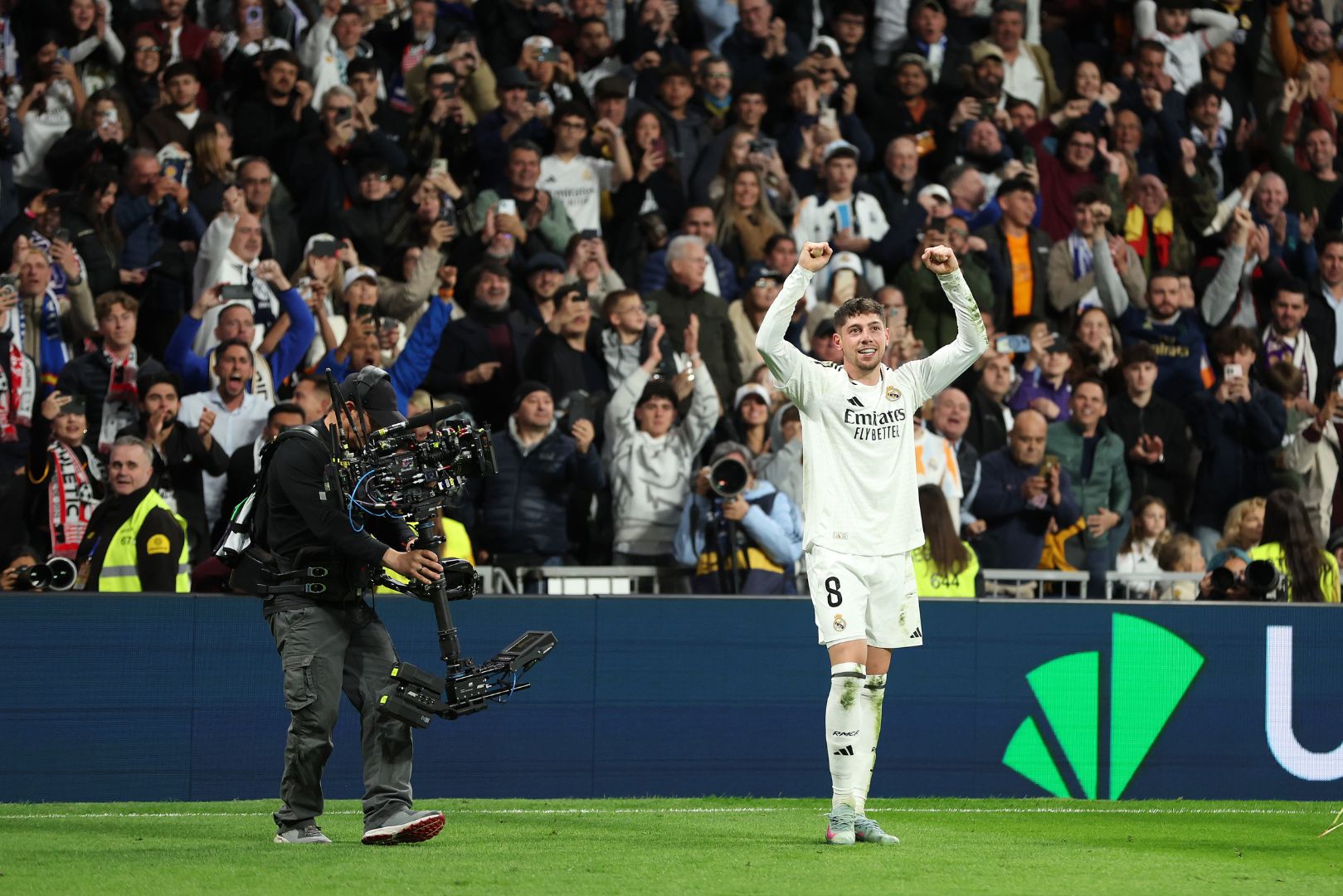 MADRID, SPAIN - APRIL 20: Federico Valverde of Real Madrid celebrates scoring his team's first goal during the LaLiga match between Real Madrid CF and Athletic Club at Estadio Santiago Bernabeu on April 20, 2025 in Madrid, Spain.