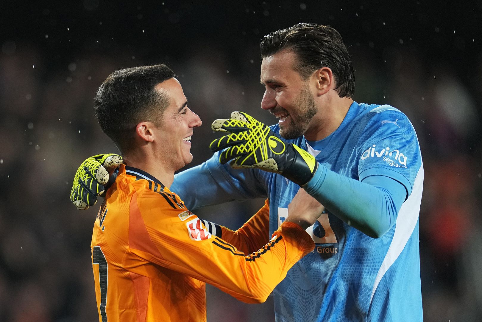 VALENCIA, SPAIN - JANUARY 03: Lucas Vazquez of Real Madrid and Stole Dimitrievski of Valencia CF interact during the LaLiga match between Valencia CF and Real Madrid CF at Estadio Mestalla on January 03, 2025 in Valencia, Spain.