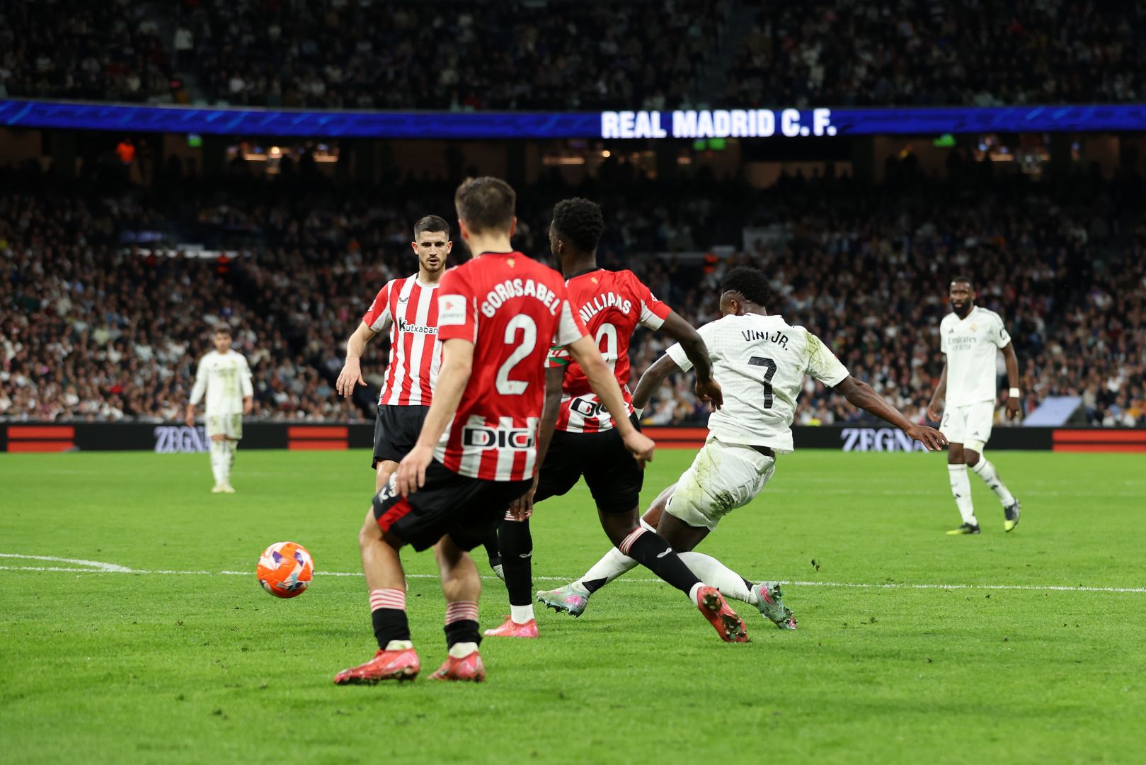 MADRID, SPAIN - APRIL 20: Vinicius Junior of Real Madrid scores a goal which is later disallowed due to offside following a VAR review during the LaLiga match between Real Madrid CF and Athletic Club at Estadio Santiago Bernabeu on April 20, 2025 in Madrid, Spain.
