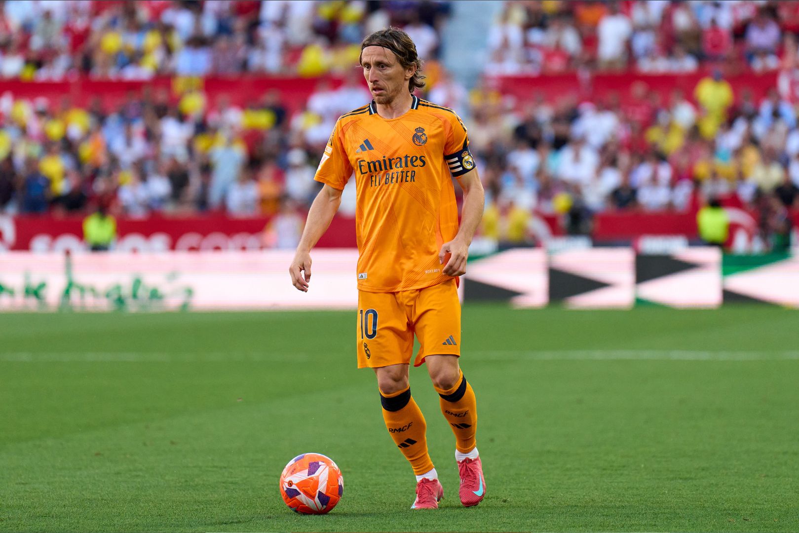 SEVILLE, SPAIN - MAY 18: Luka Modric of Real Madrid in action during the LaLiga match between Sevilla FC and Real Madrid CF at Estadio Ramon Sanchez Pizjuan on May 18, 2025 in Seville, Spain.