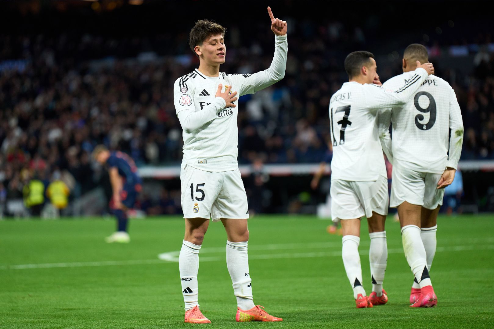 MADRID, SPAIN - JANUARY 16: Arda Guler of Real Madrid celebrates scoring a goal which is later disallowed by VAR during the Copa Del Rey match between Real Madrid and Celta de Vigo at Estadio Santiago Bernabeu on January 16, 2025 in Madrid, Spain.