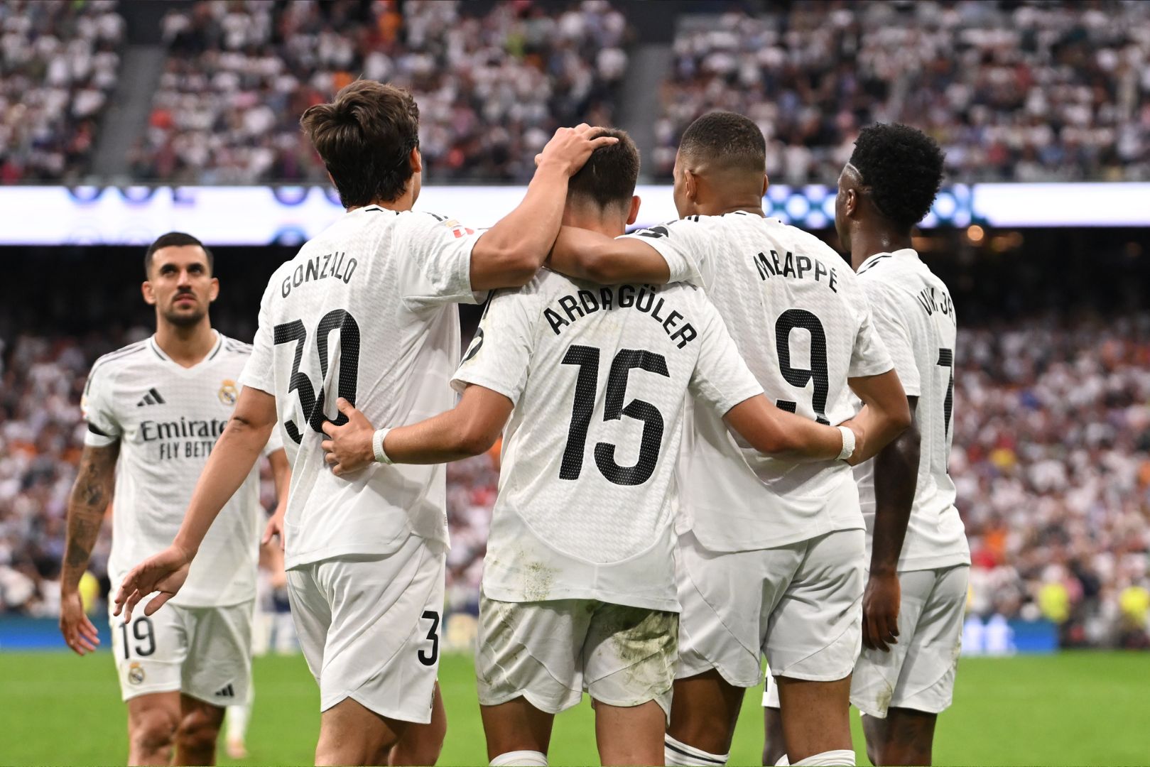 MADRID, SPAIN - MAY 24: Kylian Mbappe of Real Madrid celebrates scoring his team's second goal with teammates during the LaLiga match between Real Madrid CF and Real Sociedad at Estadio Santiago Bernabeu on May 24, 2025 in Madrid, Spain.