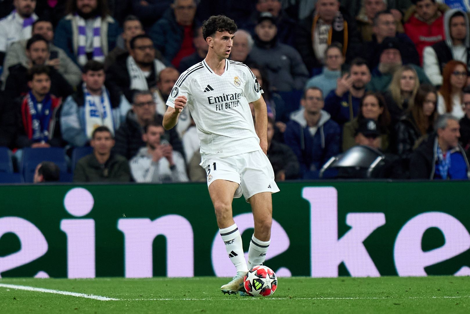MADRID, SPAIN - JANUARY 22: Jacobo Ramon of Real Madrid passes the ball during the UEFA Champions League 2024/25 League Phase MD7 match between Real Madrid C.F. and FC Salzburg at Estadio Santiago Bernabeu on January 22, 2025 in Madrid, Spain.