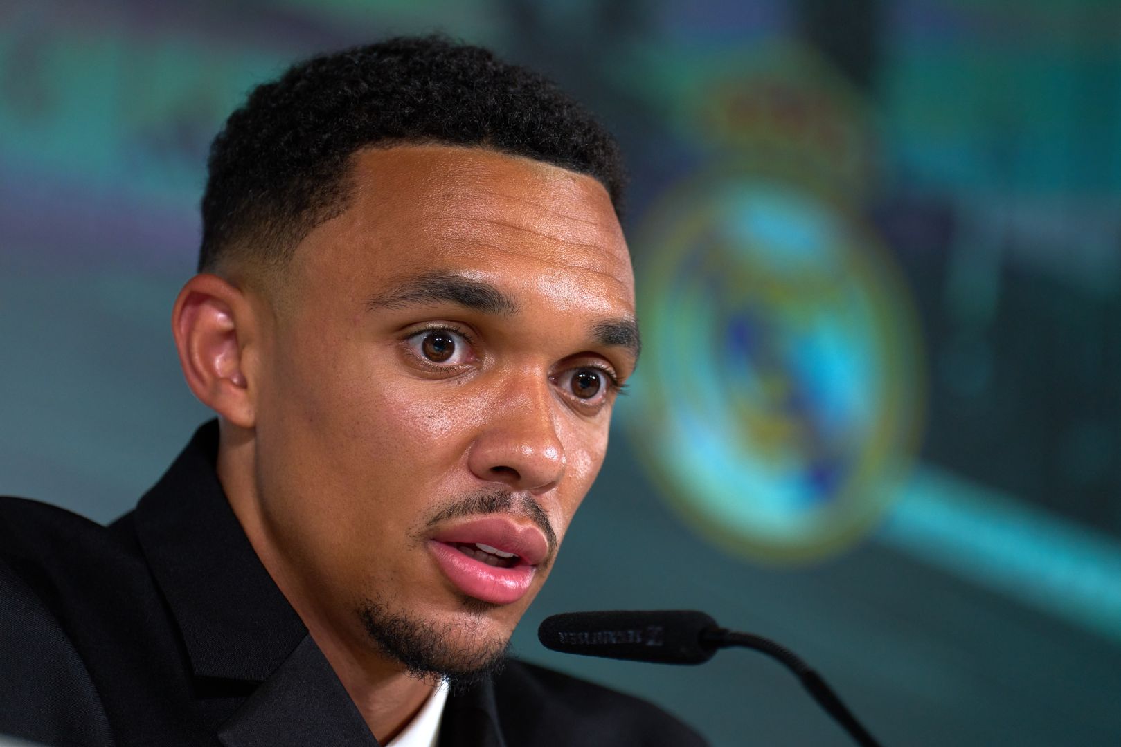 MADRID, SPAIN - JUNE 12: Trent Alexander-Arnold speaks in the press conference during his unveiling as new player of Real Madrid at Valdebebas training ground at Valdebebas training ground on June 12, 2025 in Madrid, Spain.